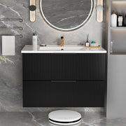 30 Inch Bathroom Vanity Cabinet With Ceramic Sink - Black Wall Mounted Floating Fluted Vanity With Drawers, Modern