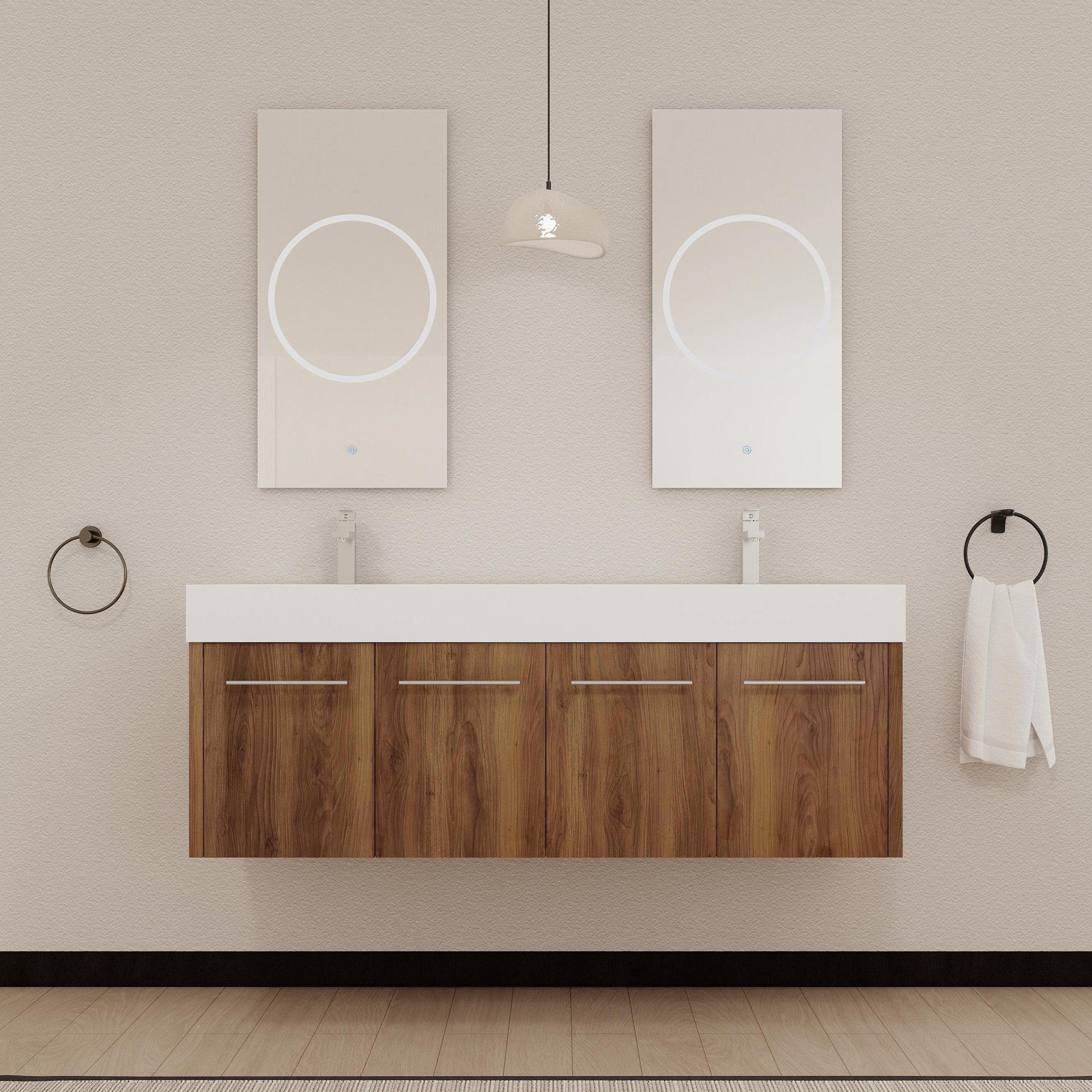 60 Inch Wall-Mounted Bathroom Vanity with Sink, Thick Edged Double Resin Sink, KD-Package