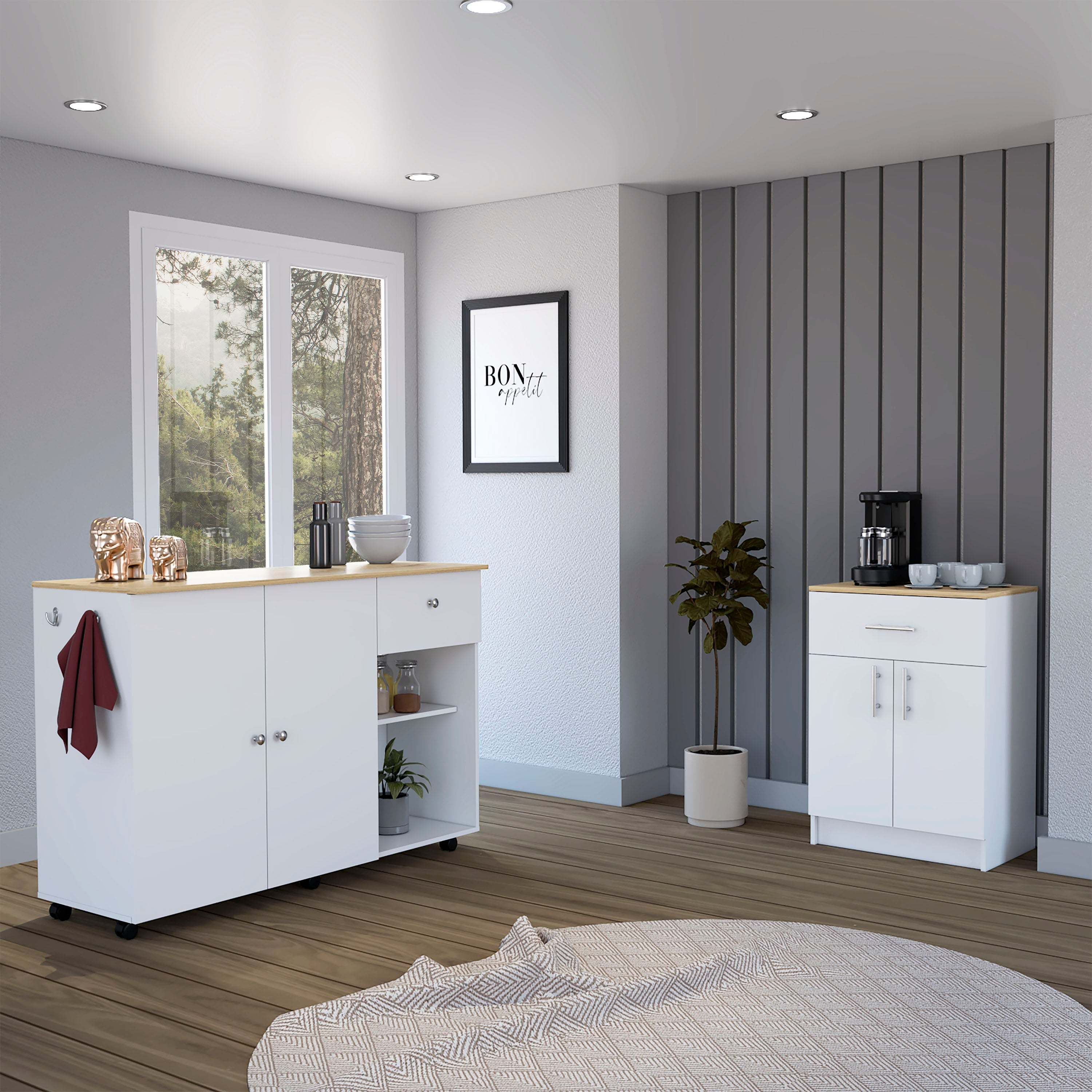 2 Piece Kitchen Set, Kitchen Island Cart + Pantry Cabinet, White / Light Oak