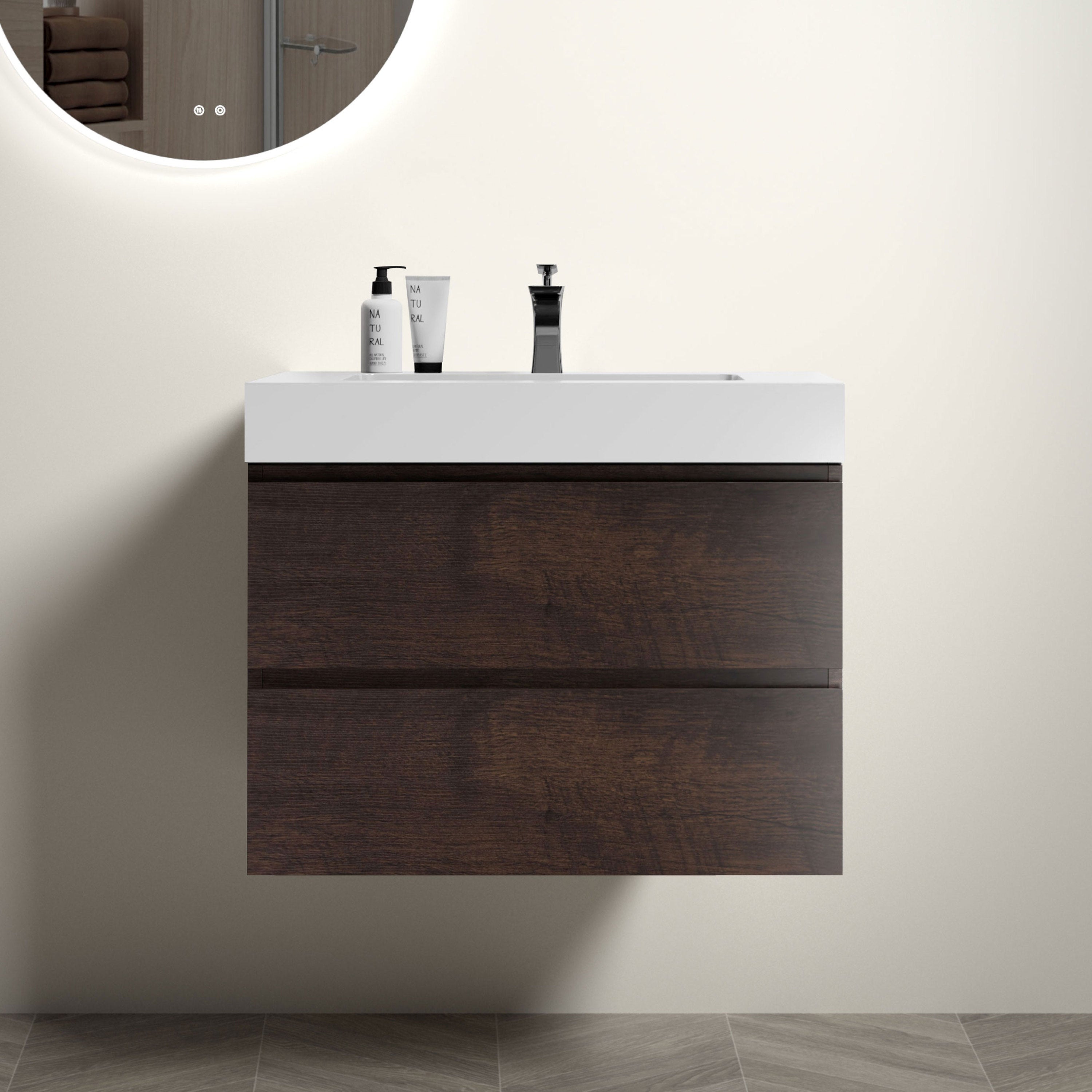 Alice 30' Walnut Bathroom Vanity with Sink, Large Storage Wall Mounted Floating Bathroom Vanity for Modern Bathroom, One-Piece White Sink Basin without Drain and Faucet, Pre-assembled