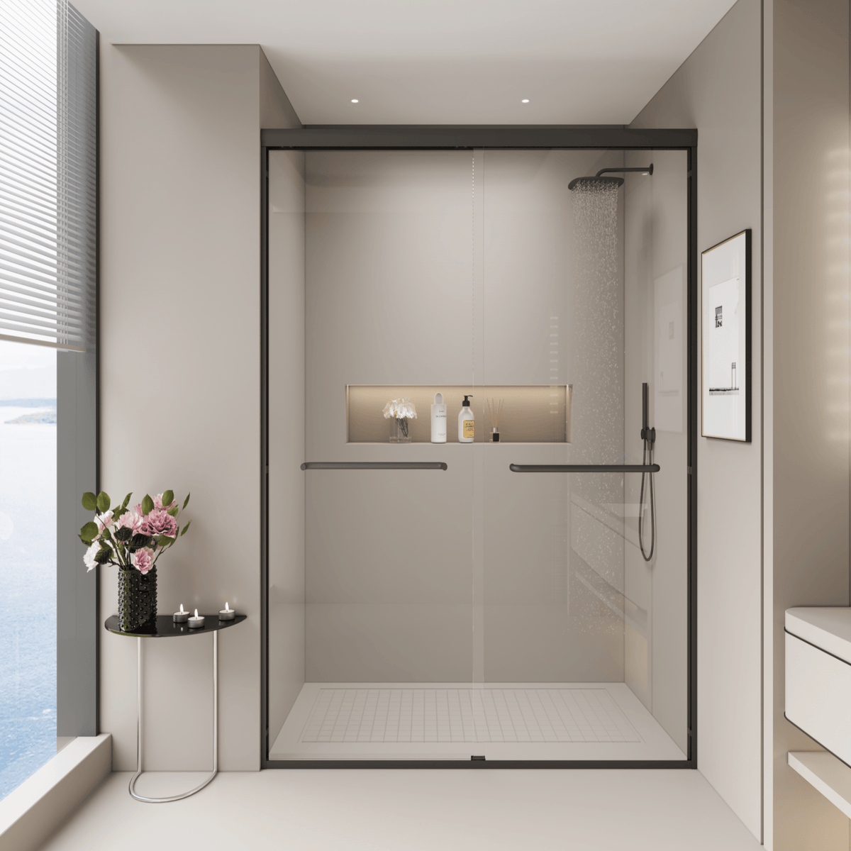 44-48 in. W x 72 in. H Double Sliding Shower Door, Semi-frameless Bypass Bathroom Sliding Door with 1/4' (6mm) Tempered Glass for Walk-in Shower, Matte Black GF-24D03-48MBX
