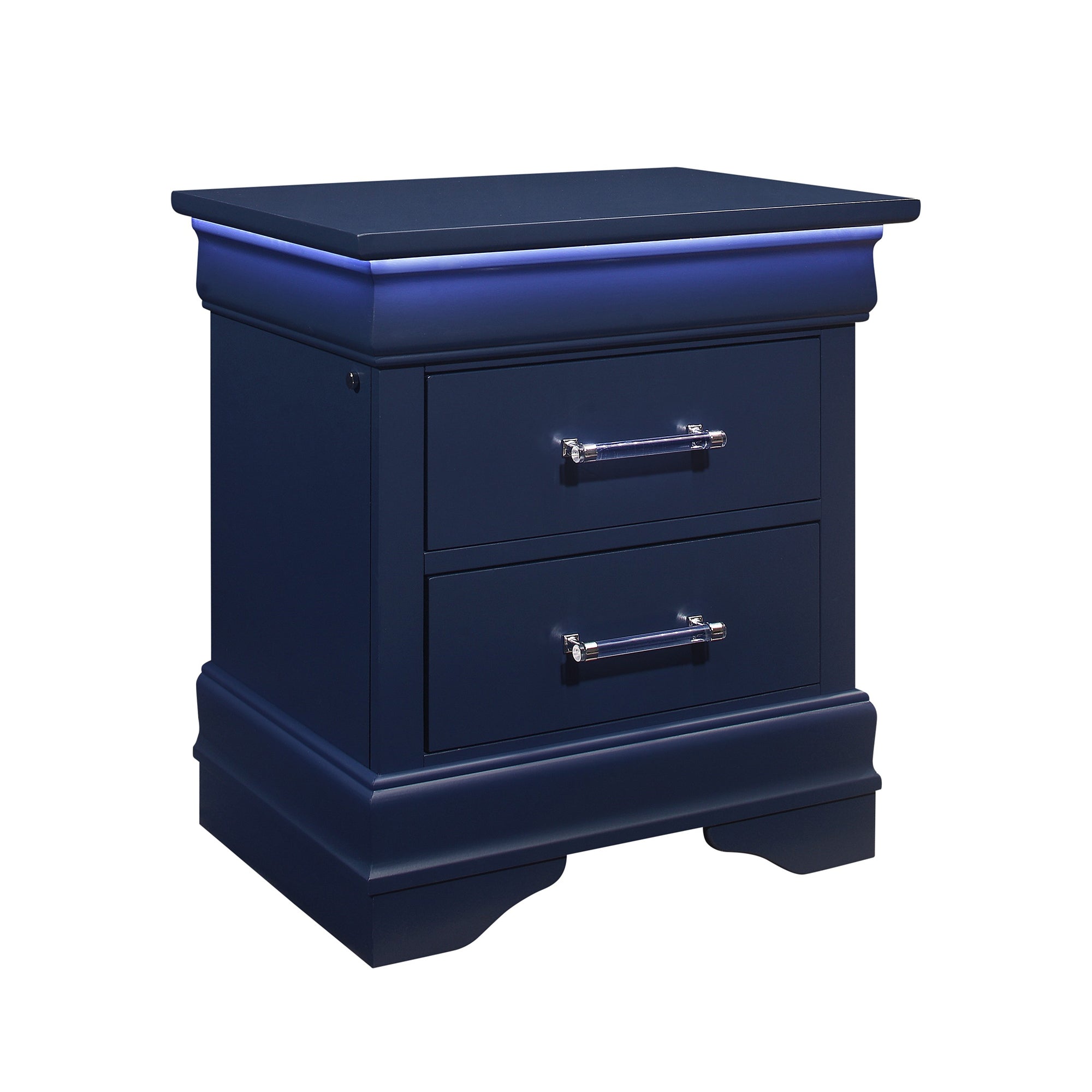 Charlston Transitional Blue Nightstand with LED Lighting and Metal Hardware, Solid Wood and MDF, 2 Drawers