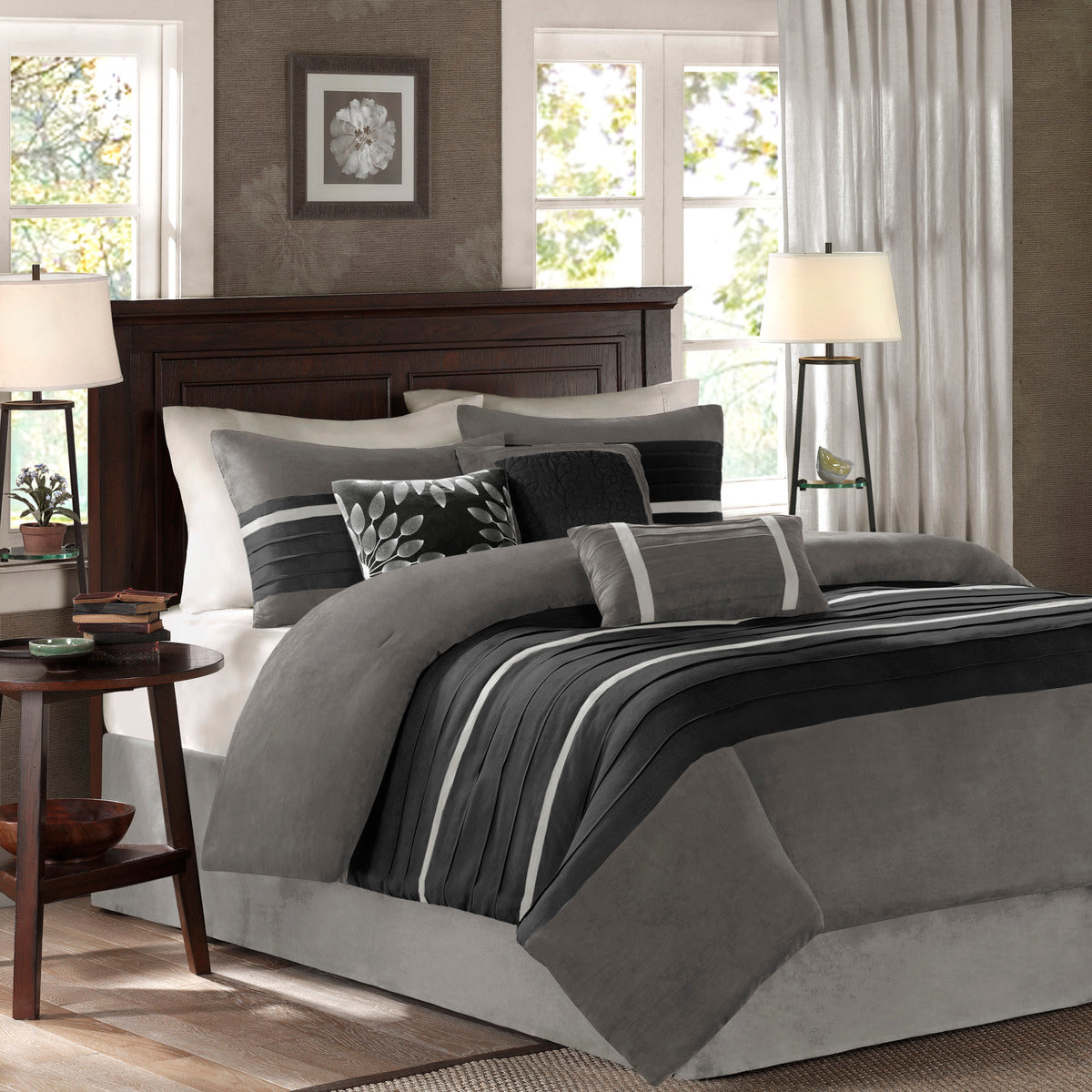 7 PC Pieced Faux Suede Comforter Set Black Queen