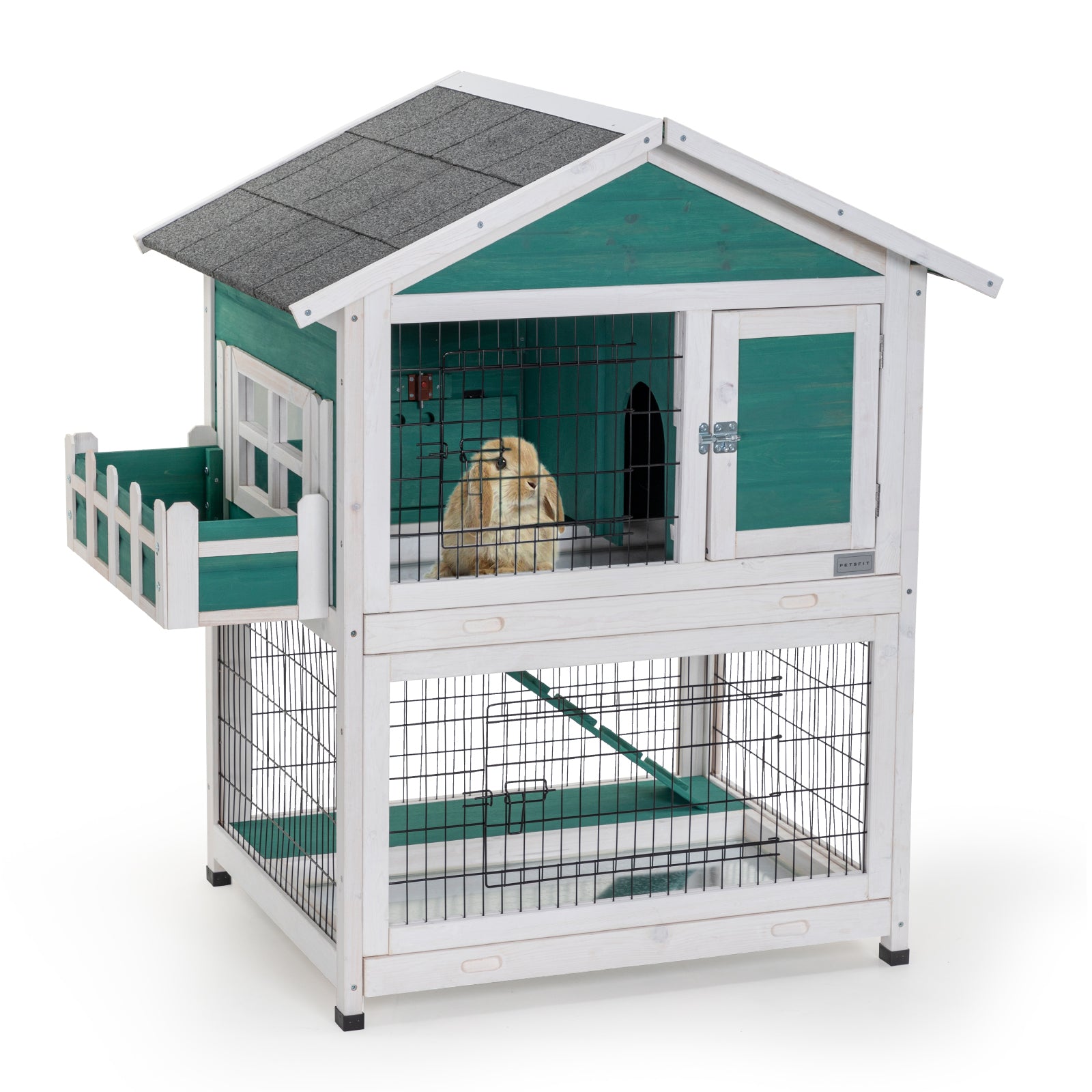 Charming 2-Story Wooden Rabbit Hutch with Pull Out Tray and Waterproof Roof in Green Solid Wood