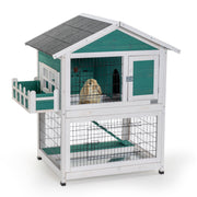 Charming 2-Story Wooden Rabbit Hutch with Pull Out Tray and Waterproof Roof in Green Solid Wood