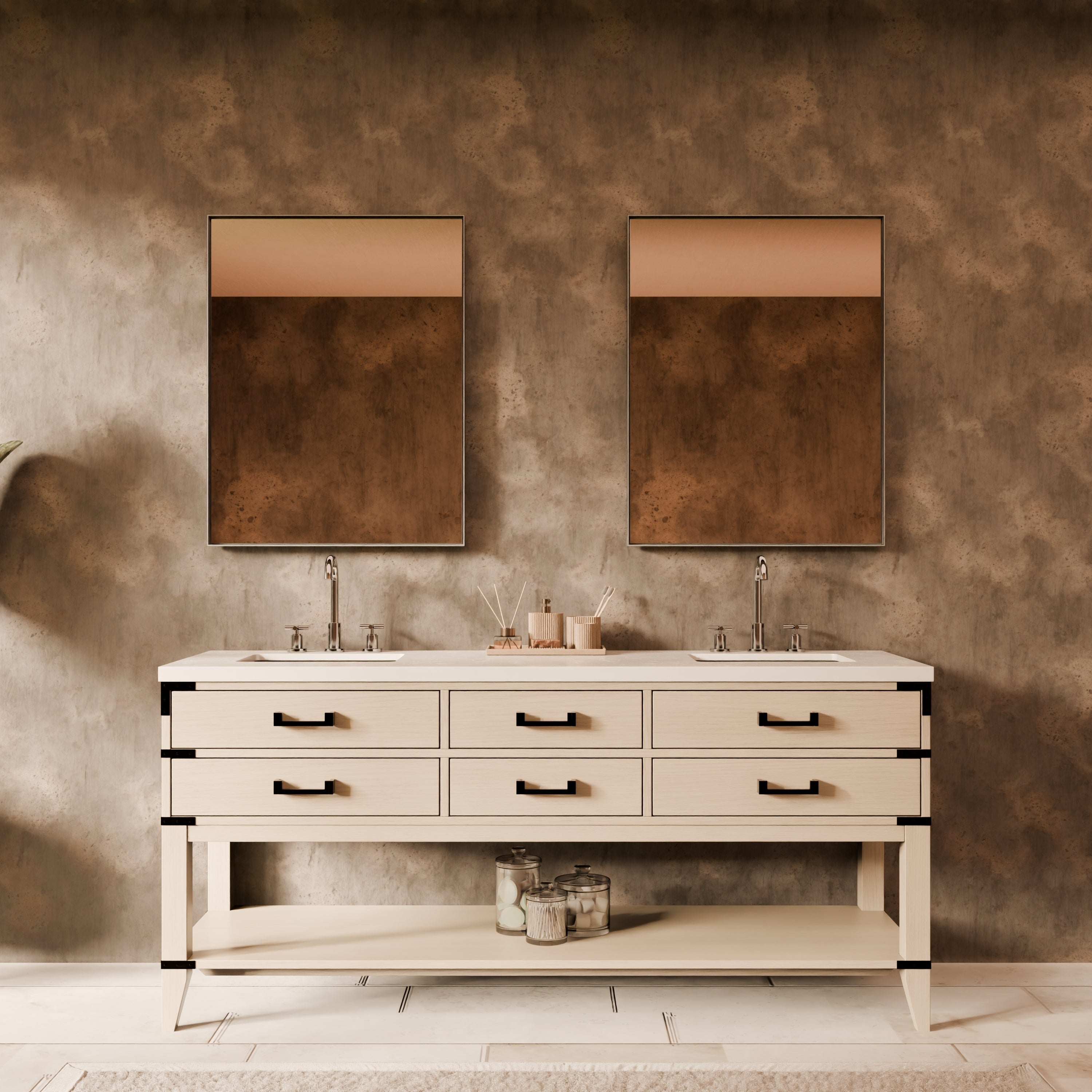 White Oak Double Bath Vanity 72 in. W x 22 in. D, with White Quartz Top