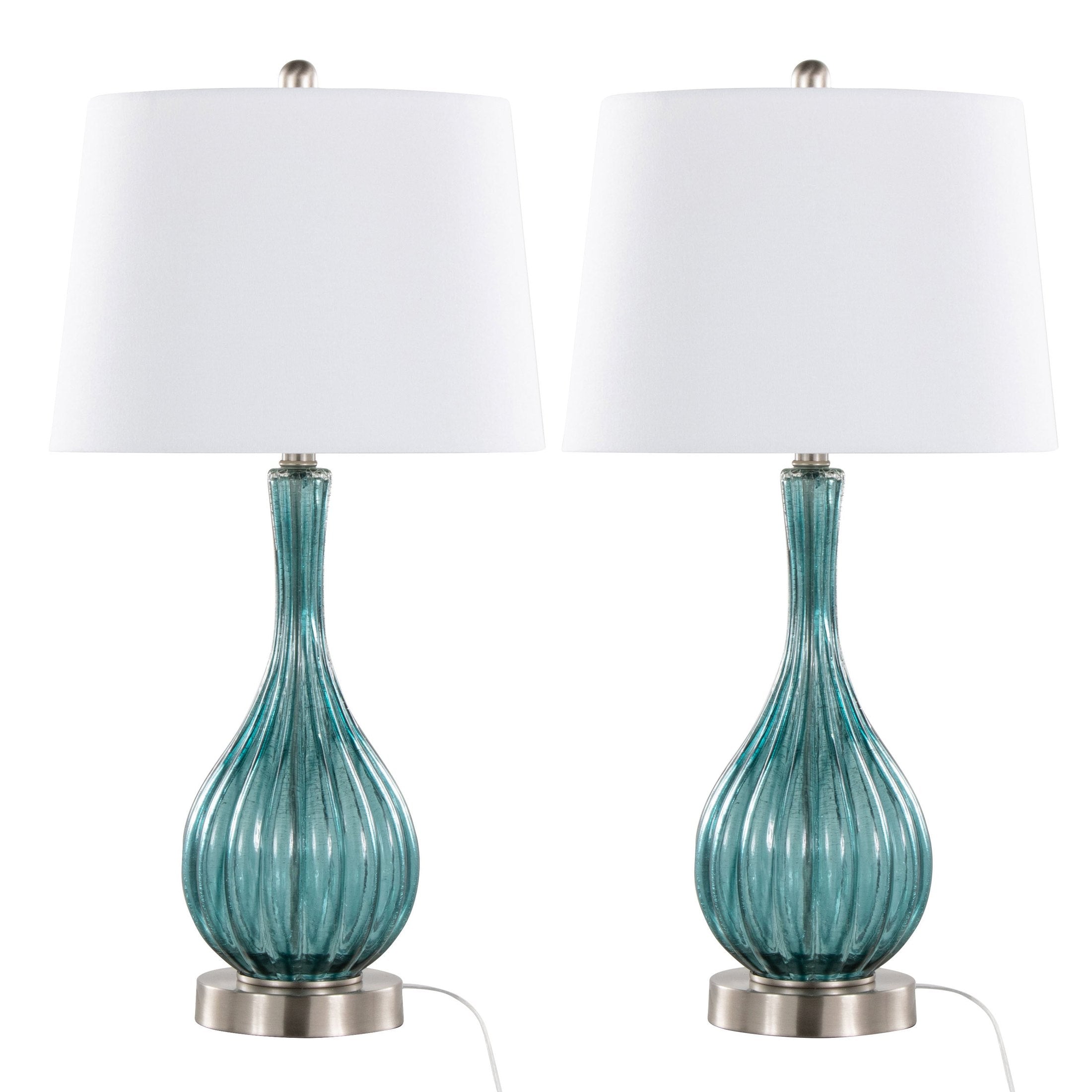Jenny 27' Contemporary Glass Table Lamp in Clear Sapphire Blue Crackle Glass, Brushed Nickel and White Linen Shade from Grandview Gallery by LumiSource - Set of 2