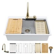 Modern Drop-In Waterfall Kitchen Sink with Pull-Out Faucet, White Composite Granite Quartz, 33x22 Inches