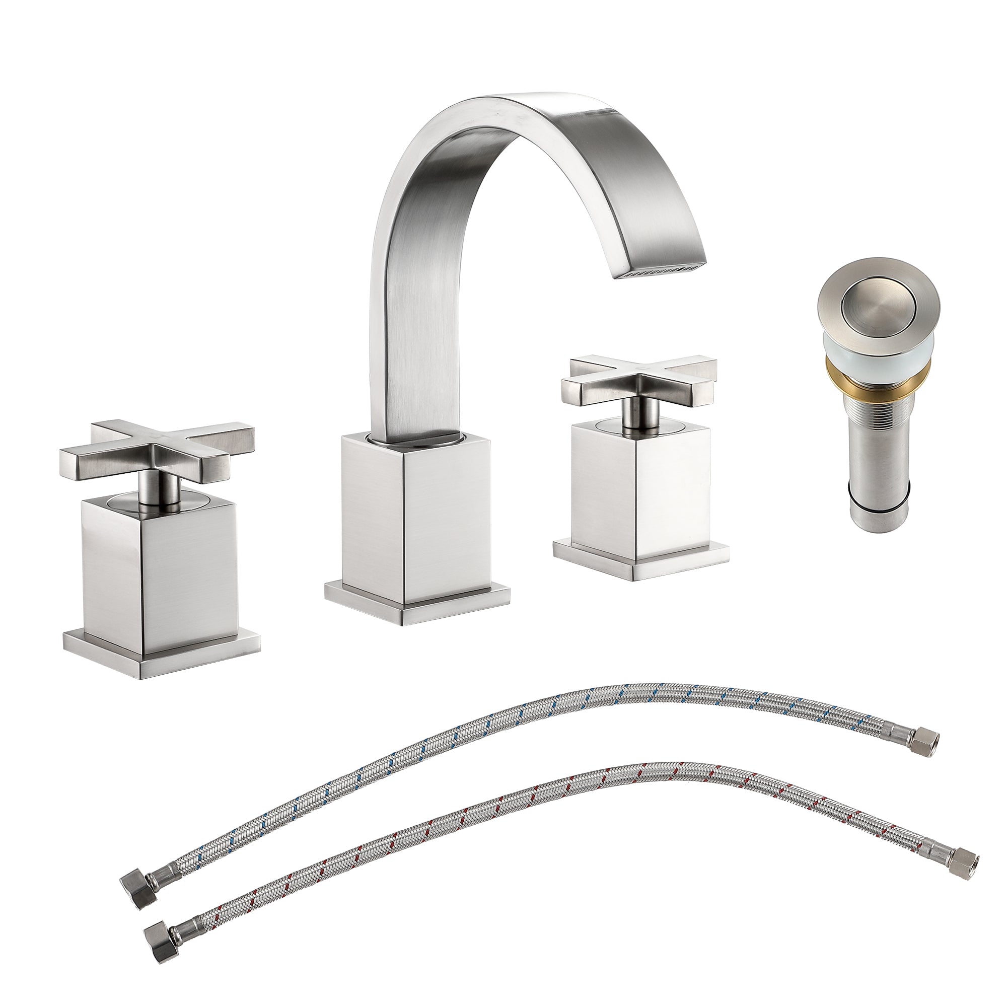 Matte Black 2 Handle Widespread Bathroom Faucet with Pop Up Drain and 2 Water Supply Lines, Stainless Steel & Brass