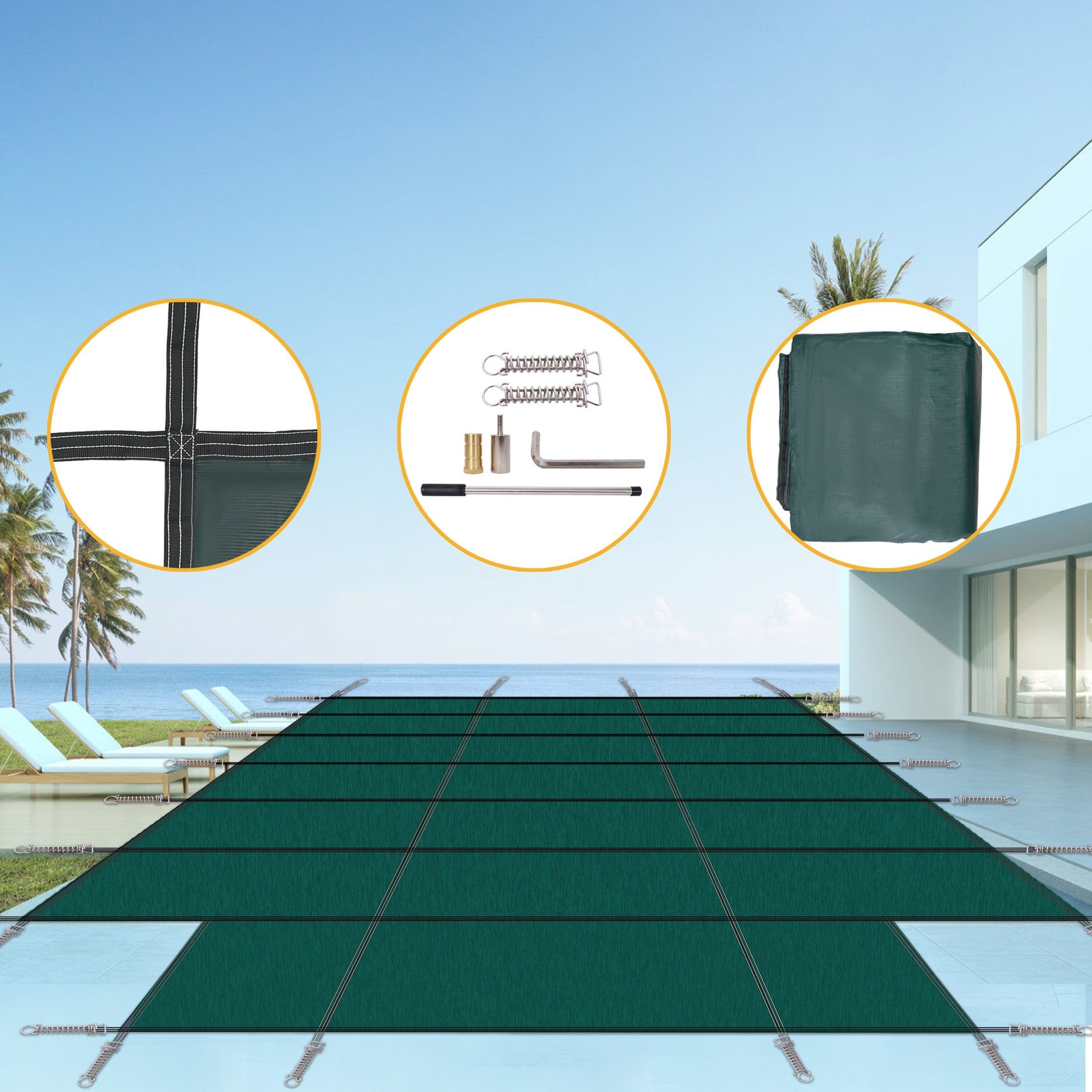 High-Strength Mesh PP Pool Safety Cover with Installation Hardware, Green, 16x32ft with 4x8ft End Step