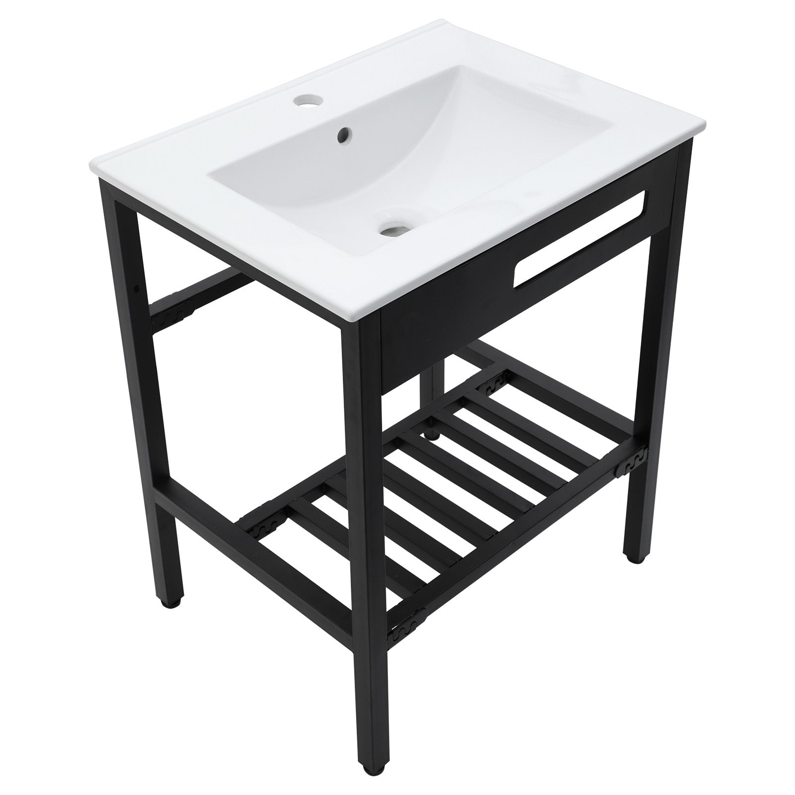 White Ceramic Console Sink with Black Legs, 24' x 18', Durable Porcelain with Stainless Steel Frame
