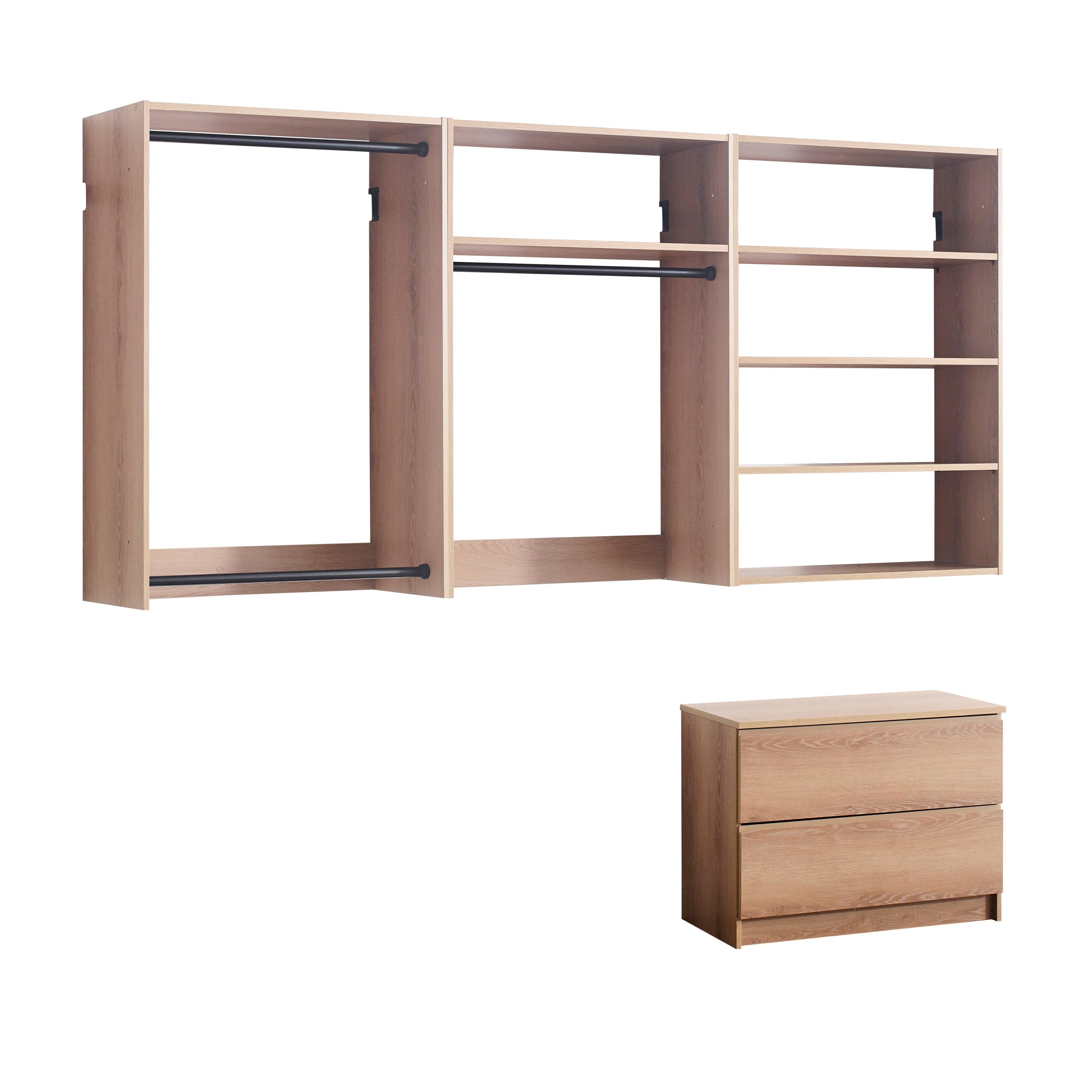 Devi Oak Wall Mounted Wood Closet System with Modular Units and Warm Finish