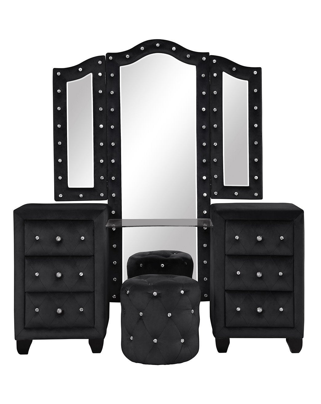 Modern Style Crystal Tufted Upholstery 6-Drawer Vanity Set with Stool, finished with Velvet Fabric made with Wood in Black(NJ Inventory)