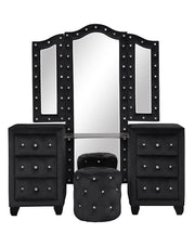 Modern Style Crystal Tufted Upholstery 6-Drawer Vanity Set with Stool, finished with Velvet Fabric made with Wood in Black(NJ Inventory)