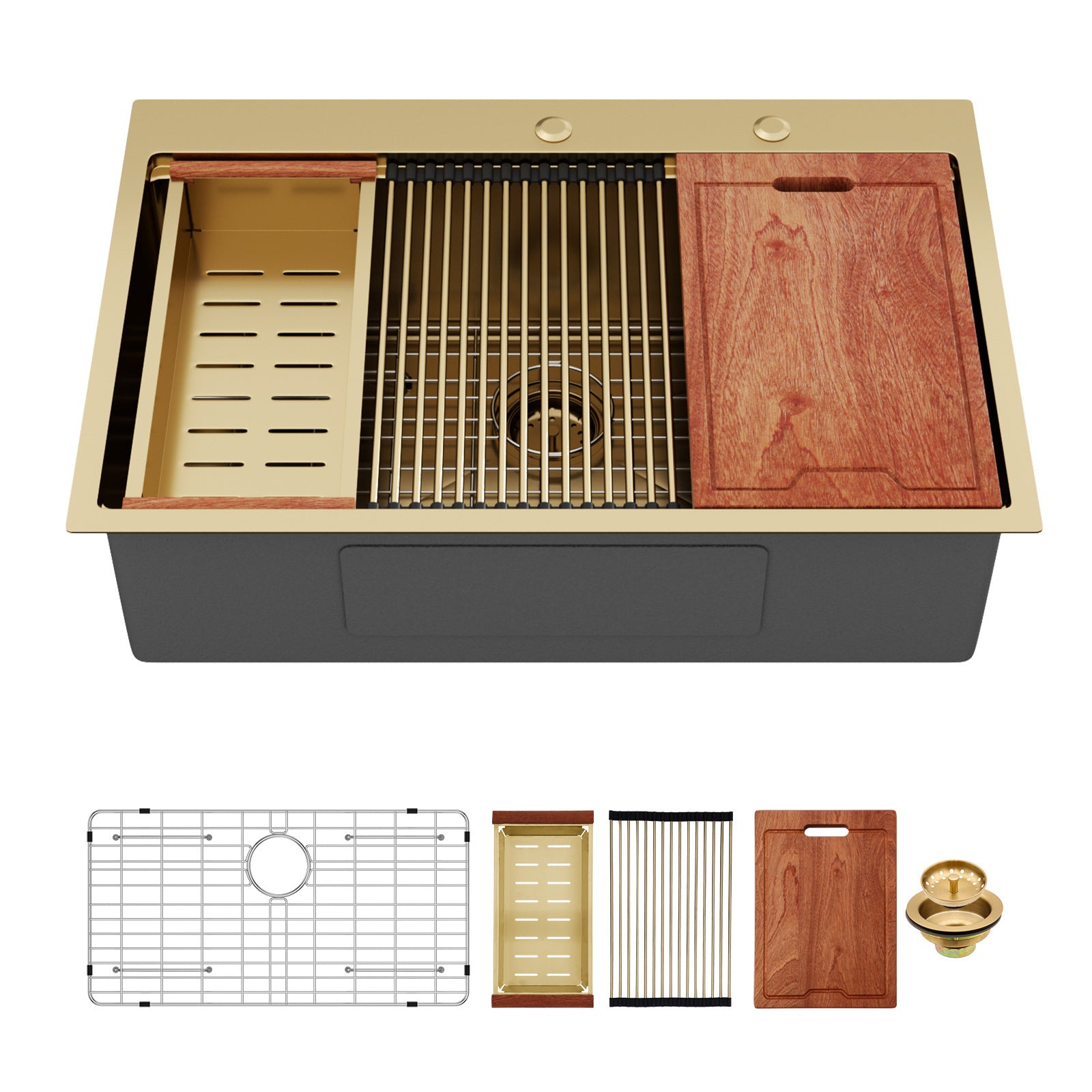 Gold Finish 33' Drop-in Kitchen Sink with Workstation Ledges - 16 Gauge T304 Stainless Steel Single Bowl Sink