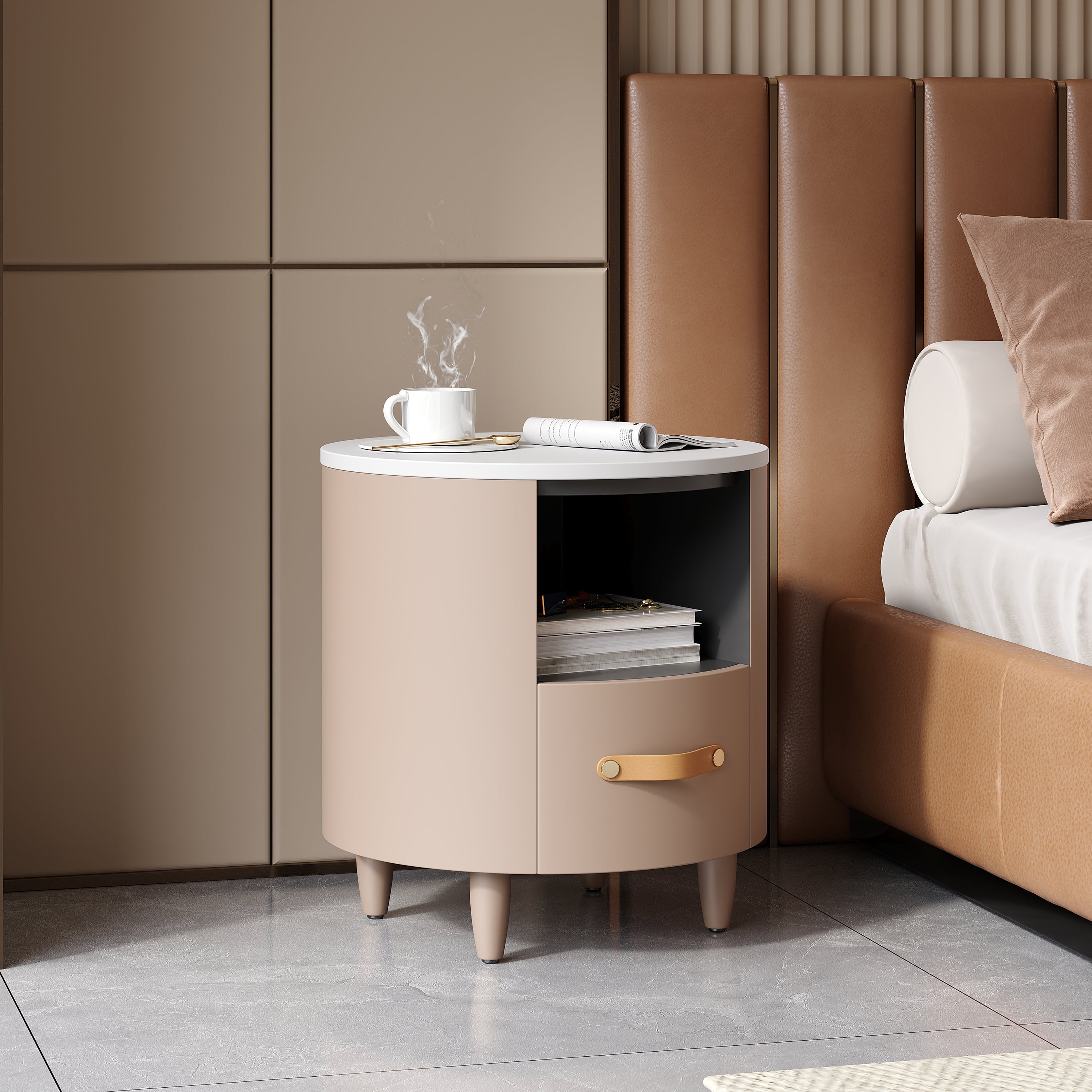Contemporary & Modern Round Nightstand with Storage Drawer, Sofa End Table with Open Storage Shelf, Bedside Table with Curved Design for Living Room & Bedroom, Easy Assembly, Khaki