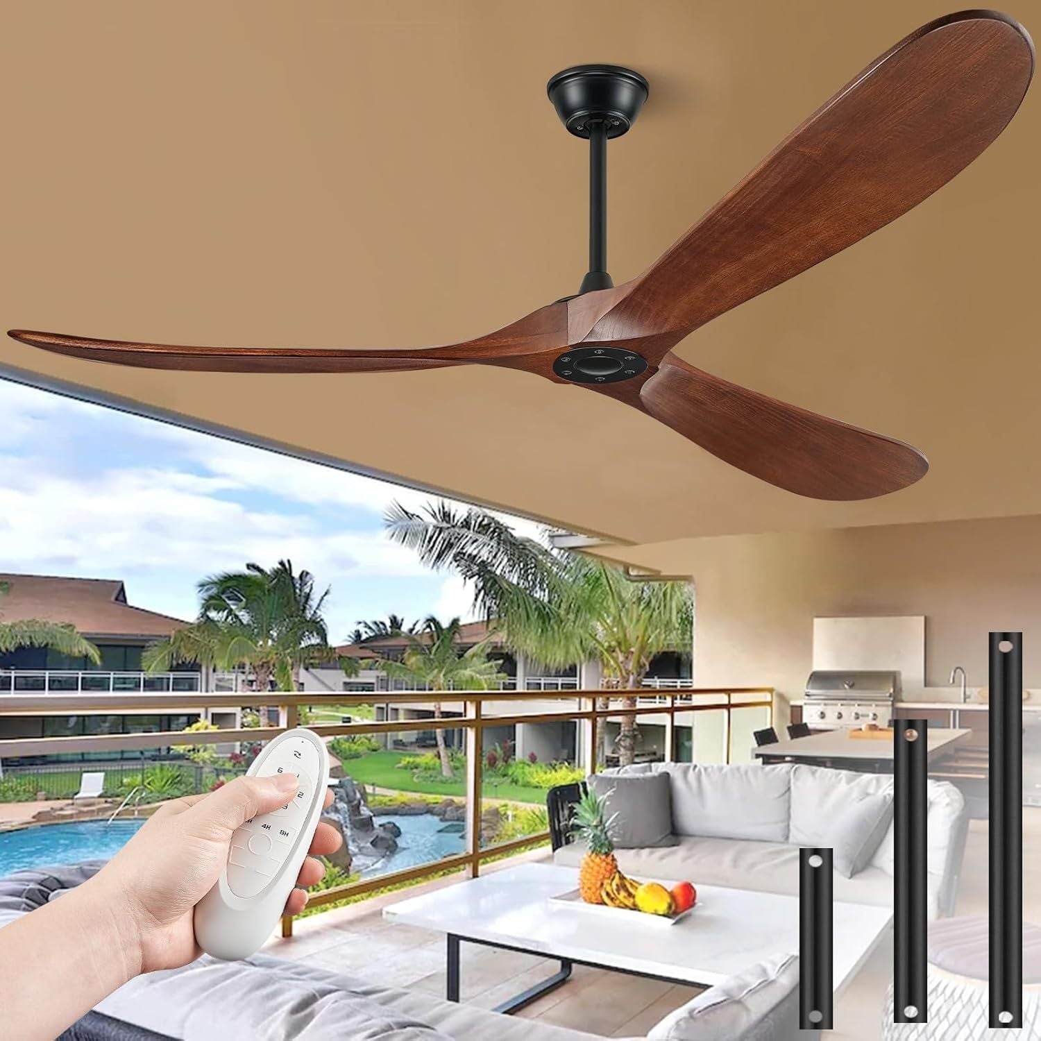 60 Inch  Solid Wood  Ceiling Fan without Light With Wall Switch and Remote Control,6 Speed,3 Blades Walnut Outdoor Ceiling Fans for Patio,Indoor,Living Room,Bedroom,Porch,Farmhouse