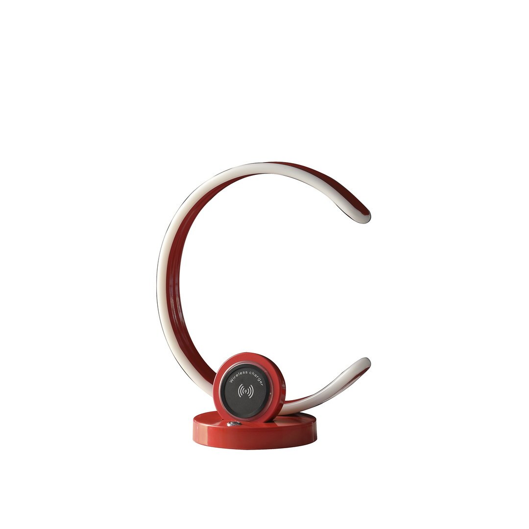 13.25' In Modern C Shape Led W/ Usb/Wireless Charger Port And Touch Dimmer Bright Red Table Lamp
