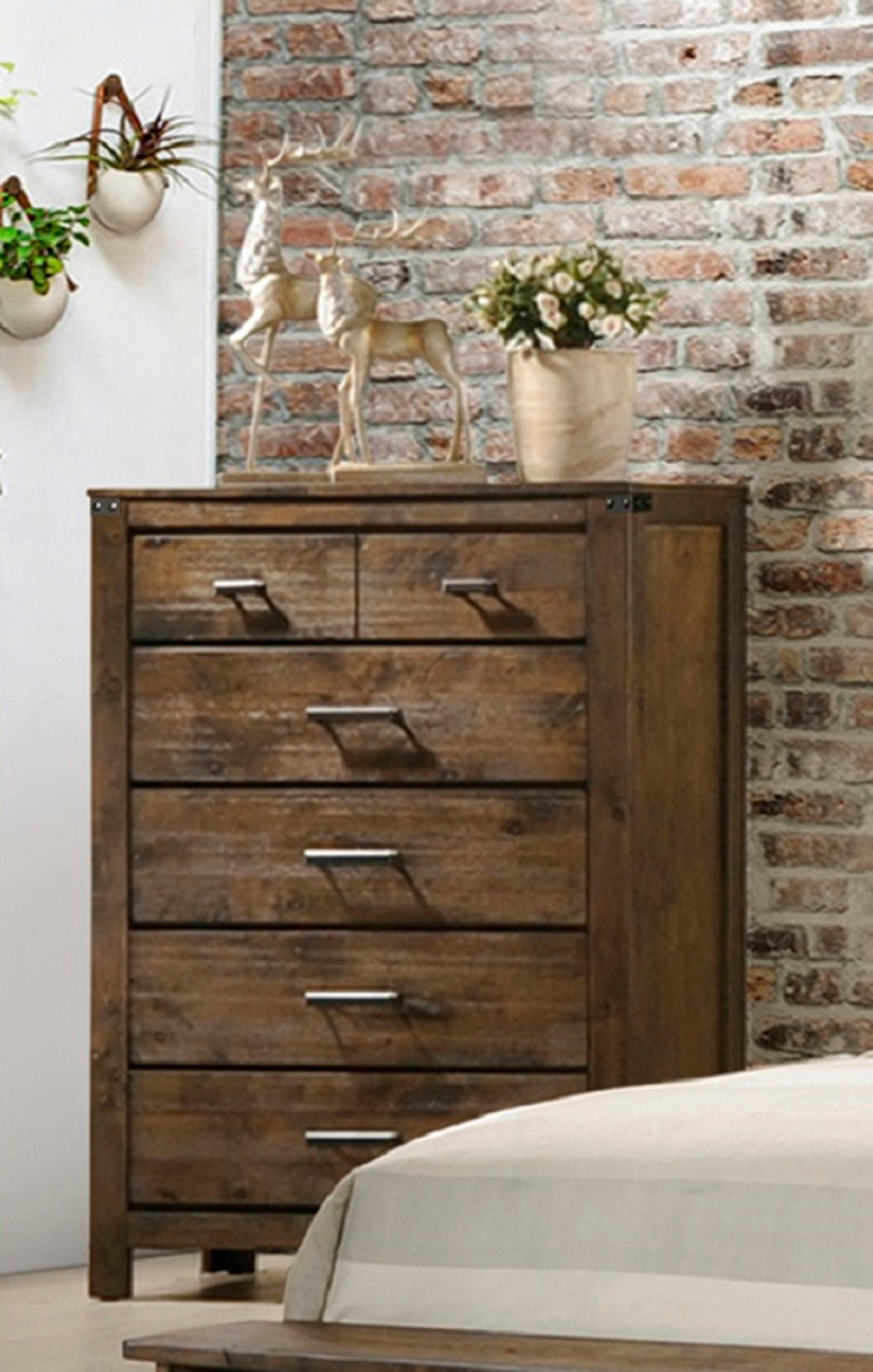 1pc Rustic Industrial Style Brown Five Drawer Chest Bedroom Solid Wood Wooden Furniture