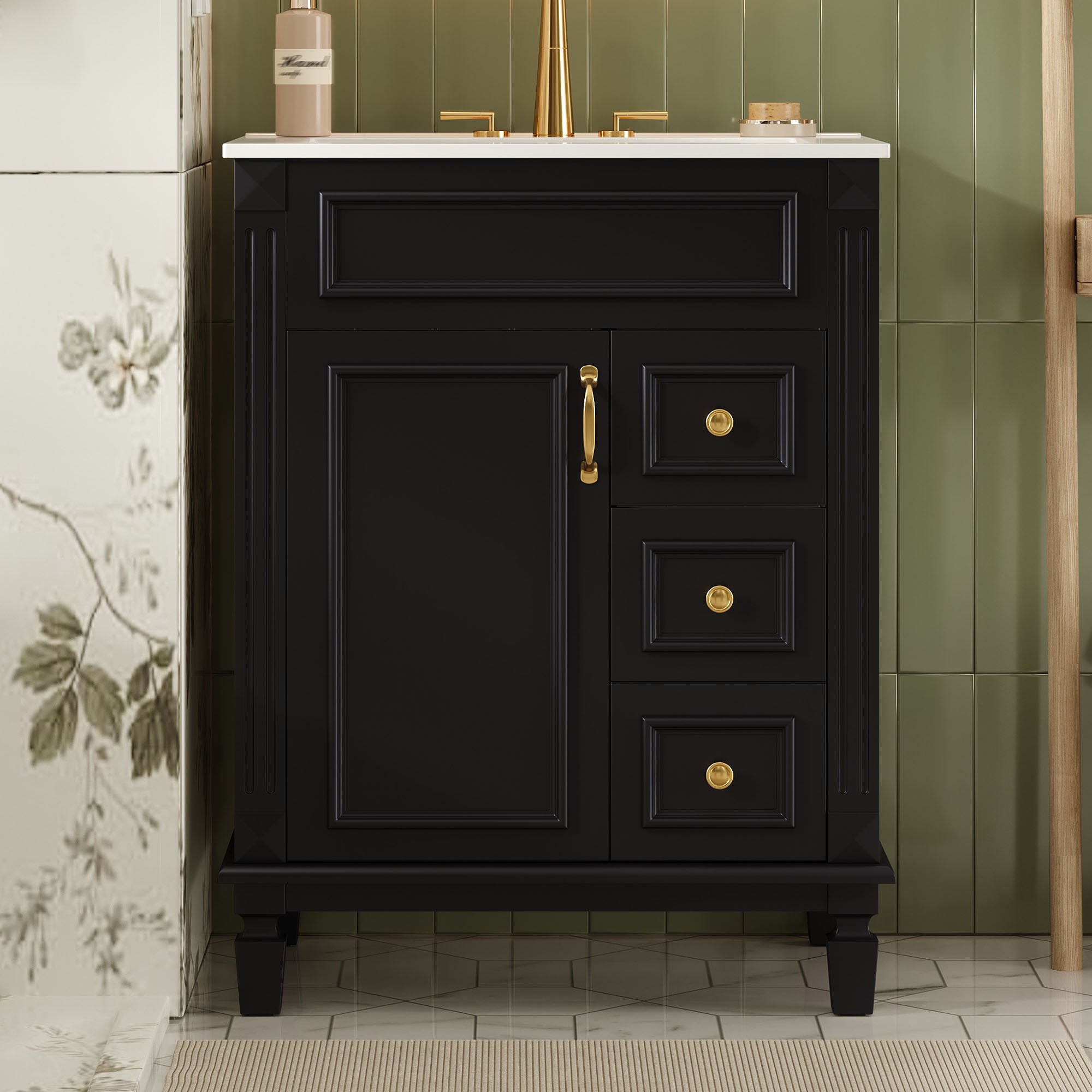 24' Bathroom Vanity with Ceramic Sink, Small Bathroom Sink Cabinet, Modern Cabinet with 2 Drawers and Adjustable Shelf