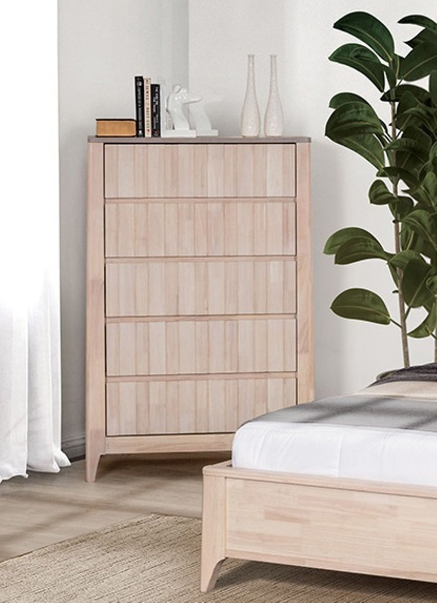 Mid-Century Modern 1pc Chest Hidden Handles Splayed Bracket Feet Vertical Receding White Wash Finish Bedroom Furniture