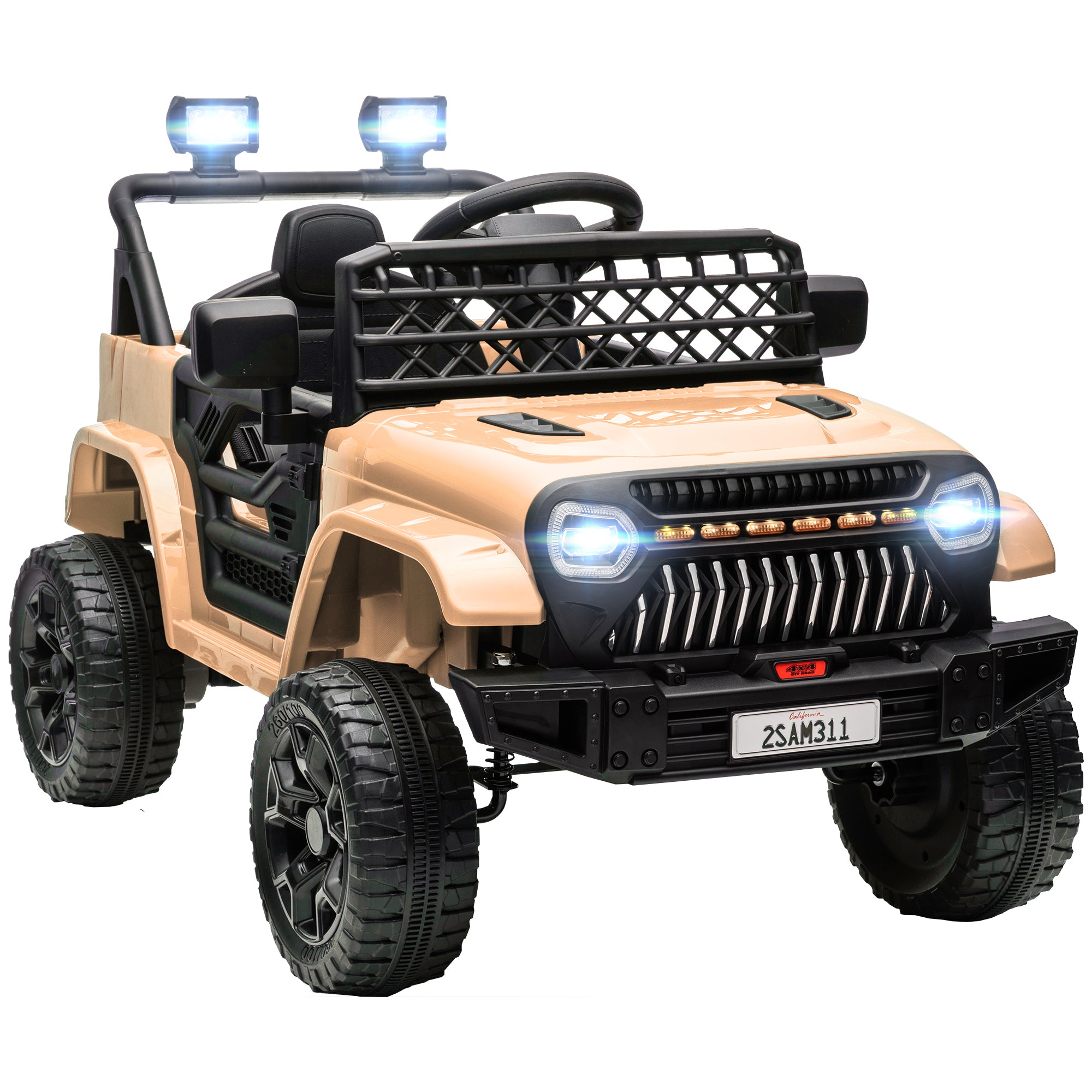 Qaba 12V Ride On Truck, Battery Powered Kids Electric Car UTV with 4 Suspension Wheels, Remote Control, 3 Speeds, LED Headlights, Horn, USB Music, Khaki