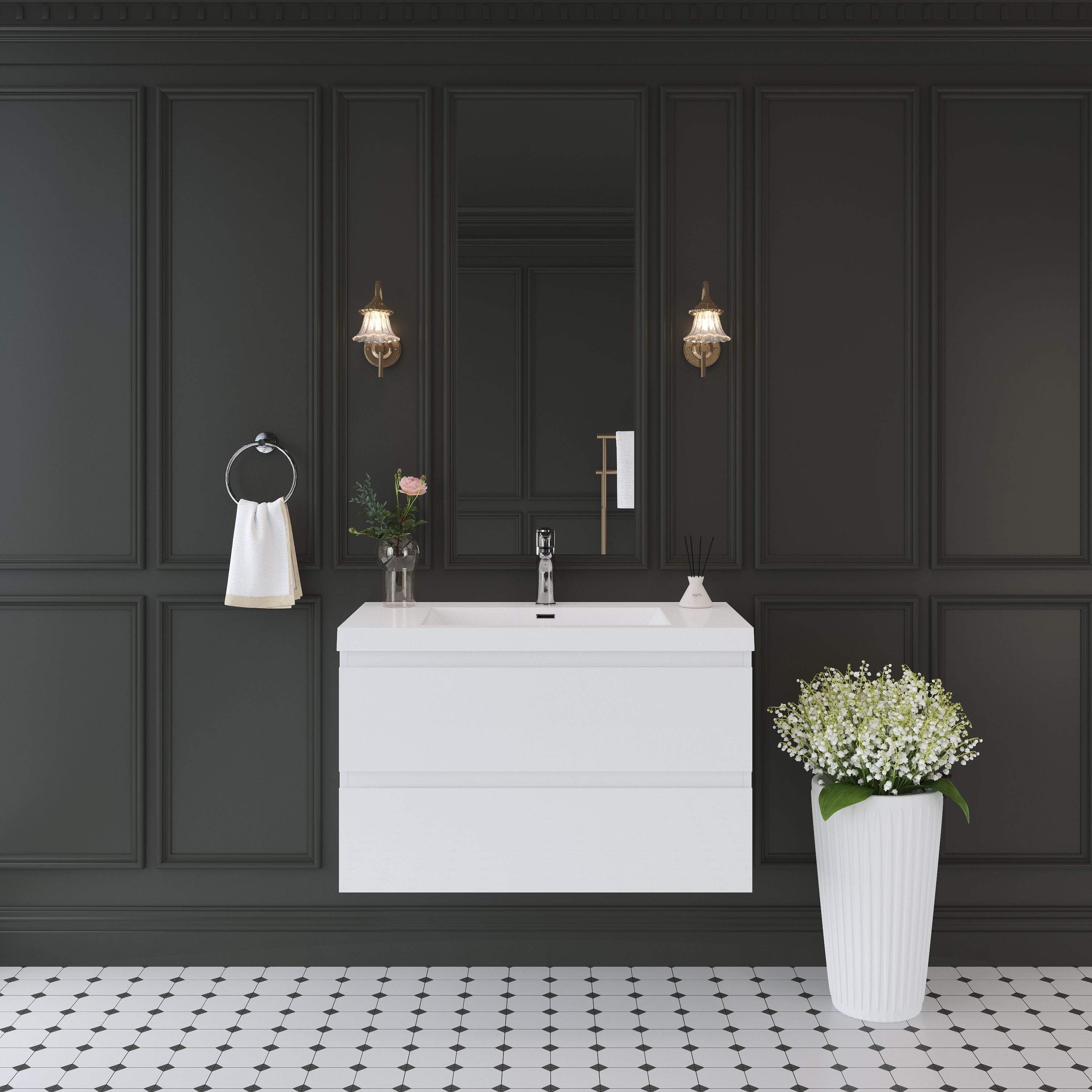 36' Floating Bathroom Vanity with Sink, Modern Wall-Mounted Bathroom Storage Vanity Cabinet with Solid Surface Top Basin and Soft Close Drawers, Glossy White 24V11-36GW