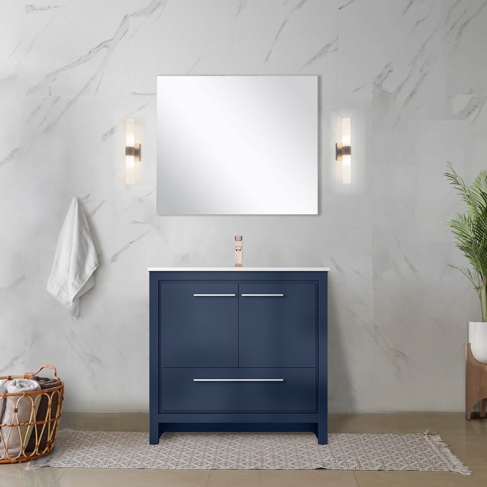 Navy Blue Bath Vanity 36 in. W x 20 in. D, Cultured Marble Top and Rose Gold Faucet Set