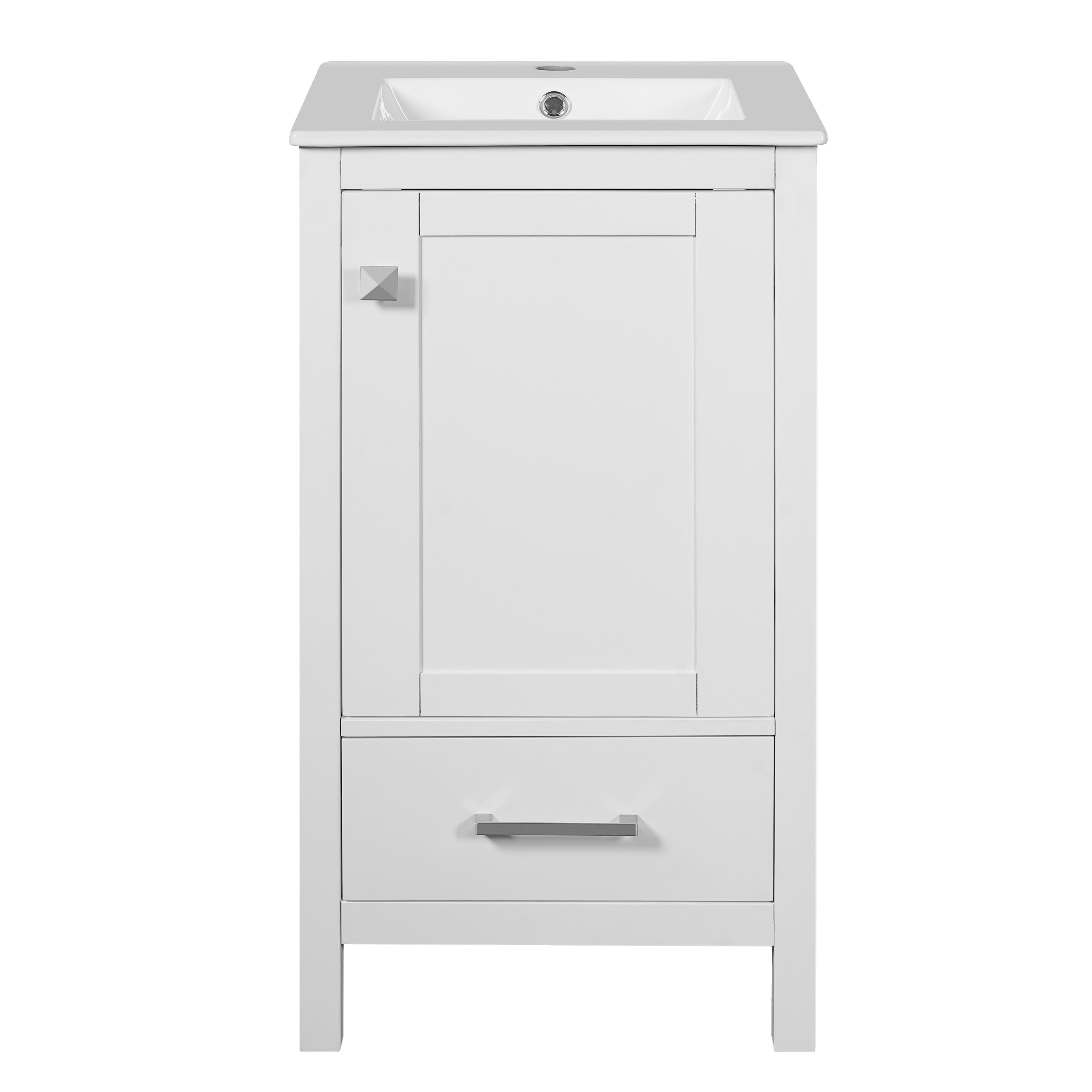 18-Inch Modern White Bathroom Vanity with Ceramic Sink, Soft-Close Drawers and Door Organizer, Divider Drawer, Adjustable Foot Pads – Compact Storage Solution for Small Spaces
