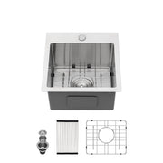 Stainless Steel Drop-In Kitchen Sink 15 Inch Topmount 16 Gauge Brushed Nickel
