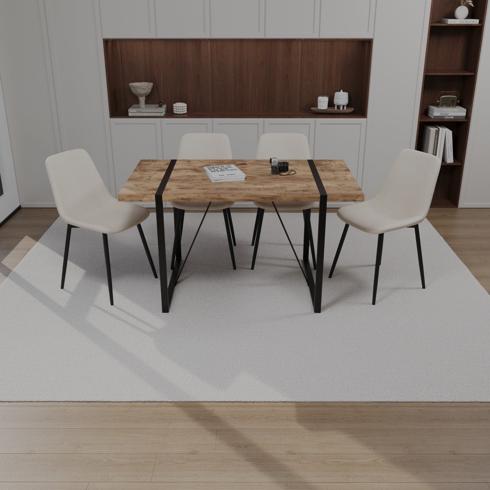 55' MDF dark wood dining table and modern dining chair 4-piece set, medieval wooden kitchen dining table set, rectangular metal base, dining table and suede chair