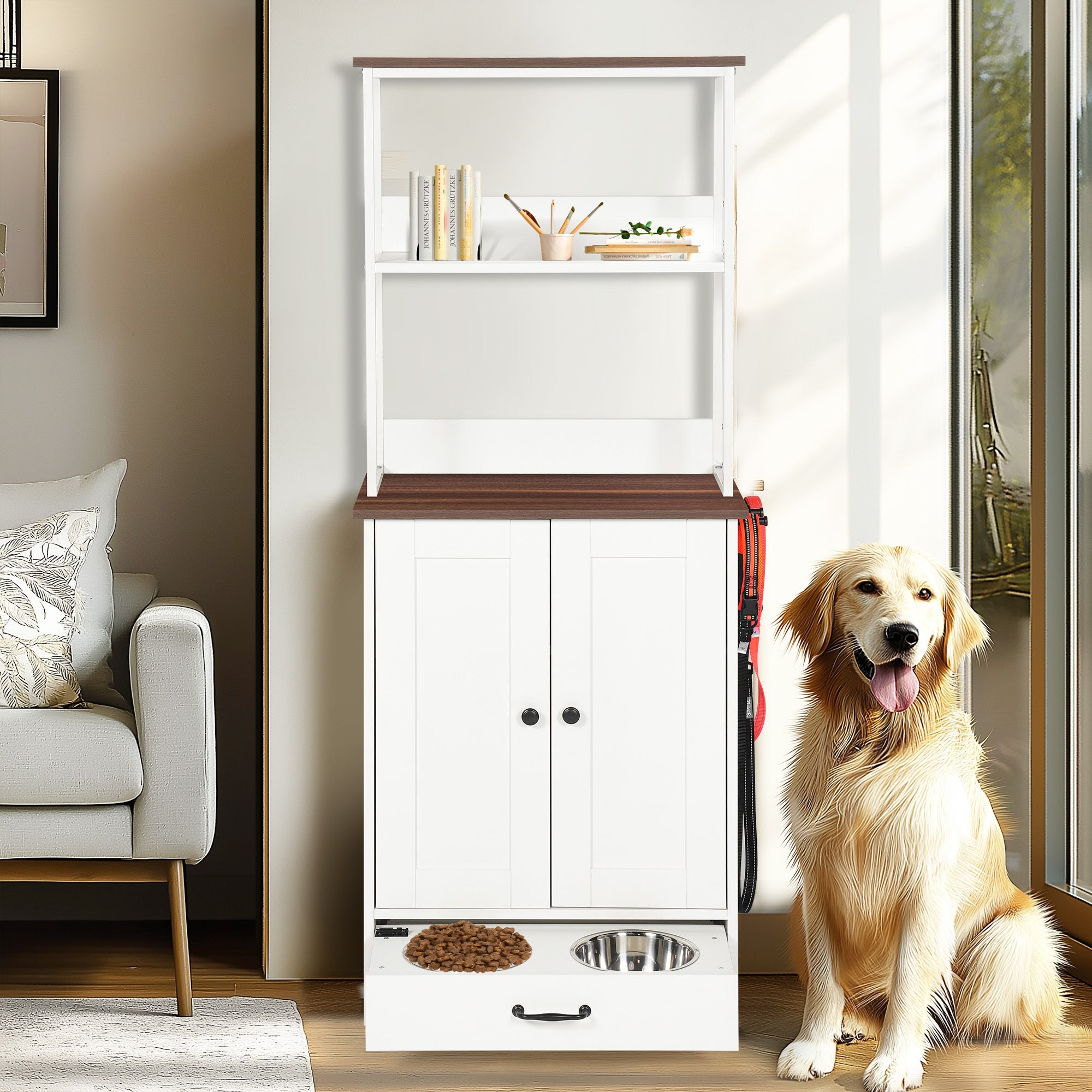 Pet Feeding Station with Bowls, Adjustable Panel, Dog Feeding Station with Storage, Pet Feeder Station for Dogs Cats for Feeding & Watering Supplies,Dog feeding station with 2-level shelving White