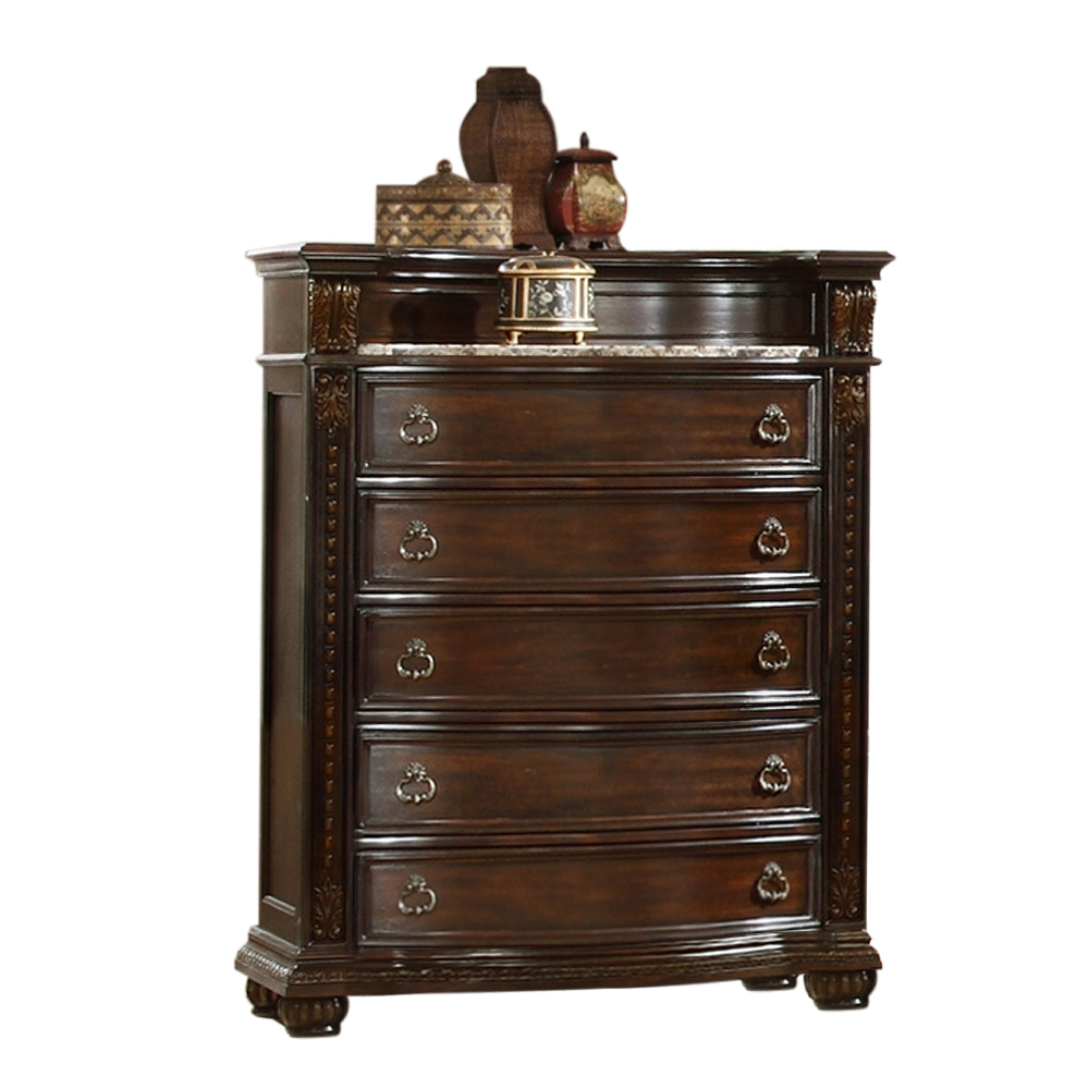 Traditional Style 5-Drawer Chest With Metal Handle Pulls Made with Wood in Dark Walnut
