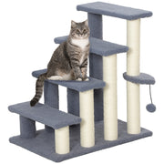 PawHut 4 Levels Cat Steps, Pet Stairs Carpeted Ladder, Kitten Tree Climber with Scratching Posts, Hanging Play Ball, Side Step, for High Bed, Sofa, Gray