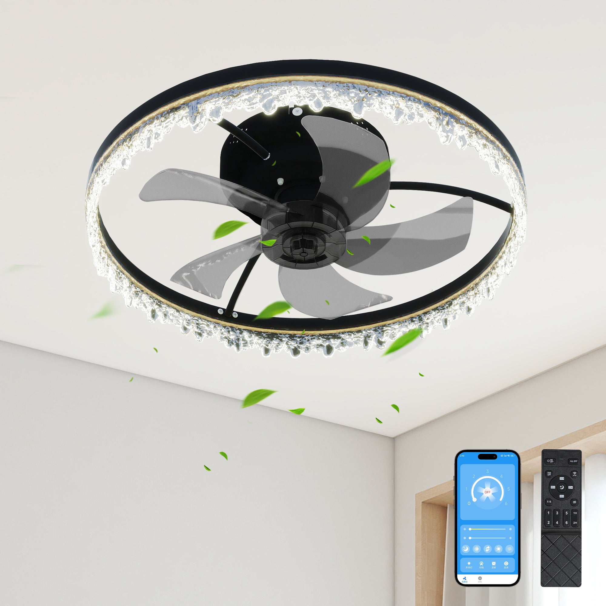 Smart Flush Mount Ceiling Fan with Light – 20-inch Integrated LED Chandelier with 5 Invisible Blades, Remote Control & Timer, Dimmable Lighting, Ultra-Quiet Operation for Bedroom, Living Room, and Din