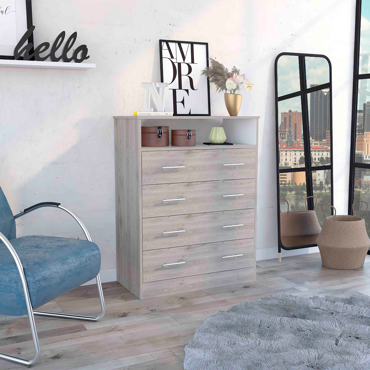 Four Drawer Dresser, Superior Top, One Open Shelf, Light Gray / White