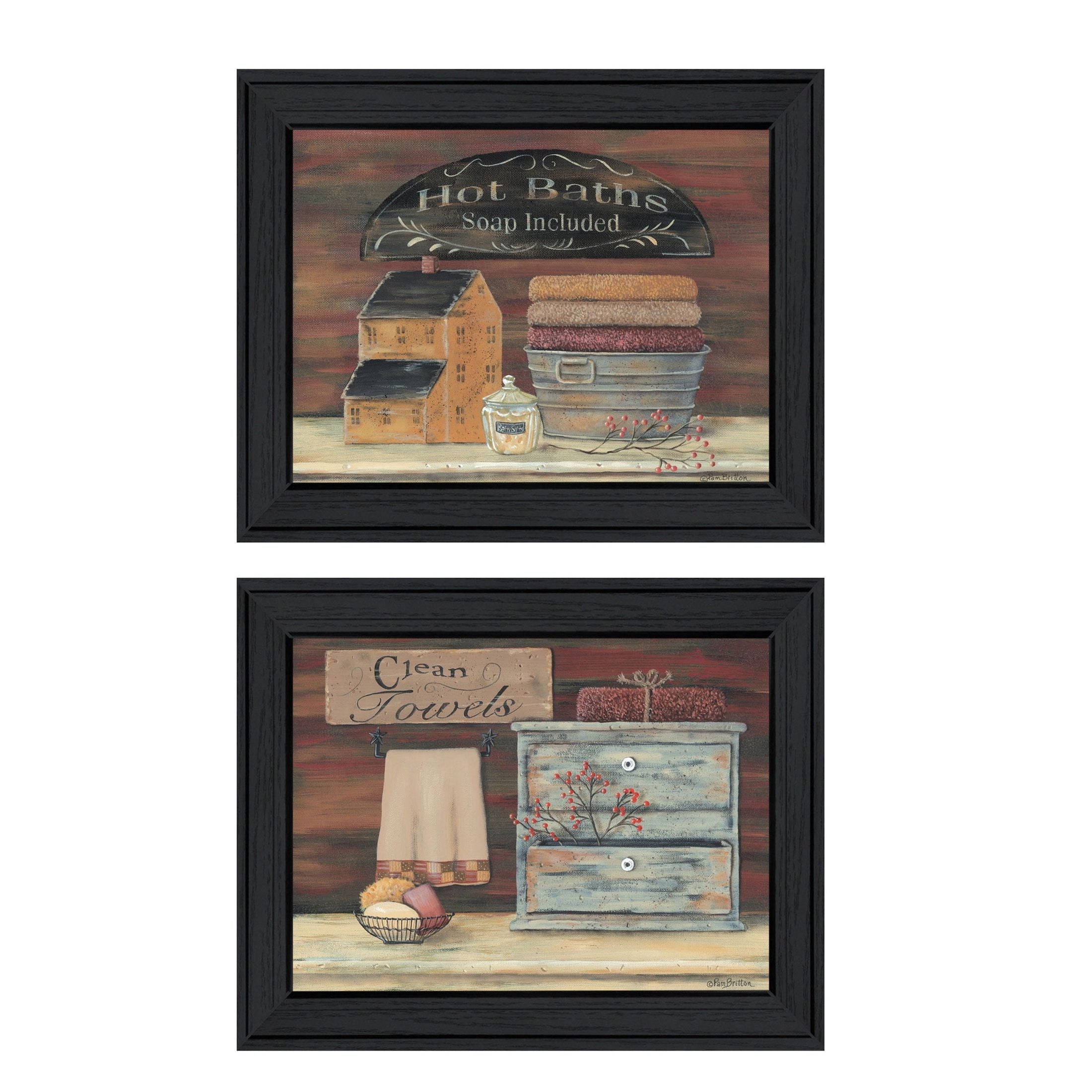 'Hot Bath / Clean Towels' 2-Piece Vignette by Pam Britton, Black Frame