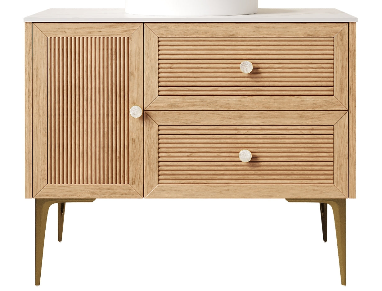 MUNIN 36' Freestanding Bathroom Cabinet with Carrara White Sintered Stone Counter Top, Two Drawers and One Door, NO Basin, Light Oak Woodgrain Color