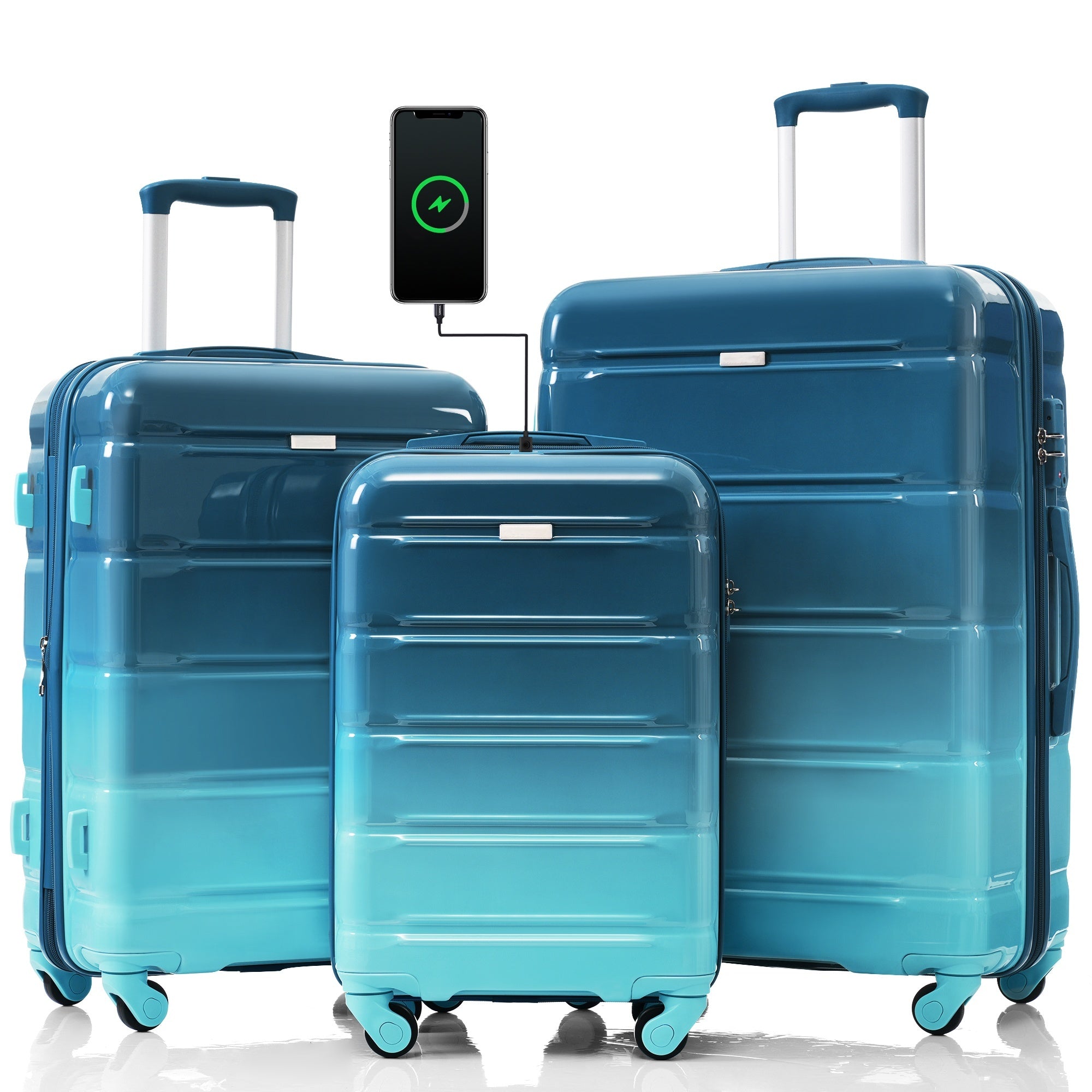 Luggage Set of 3, 20-inch with USB Port, Airline Certified Carry-on Luggage  , ABS+PC Hard Shell Luggage with Spinner Wheels,blue