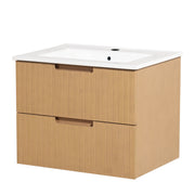 24 Inch Floating Bathroom Vanity with Ceramic Sink, Modern Bath Storage Cabinet Vanity with Drawers Wall Mounted Combo Set for Bathroom, Light Brown