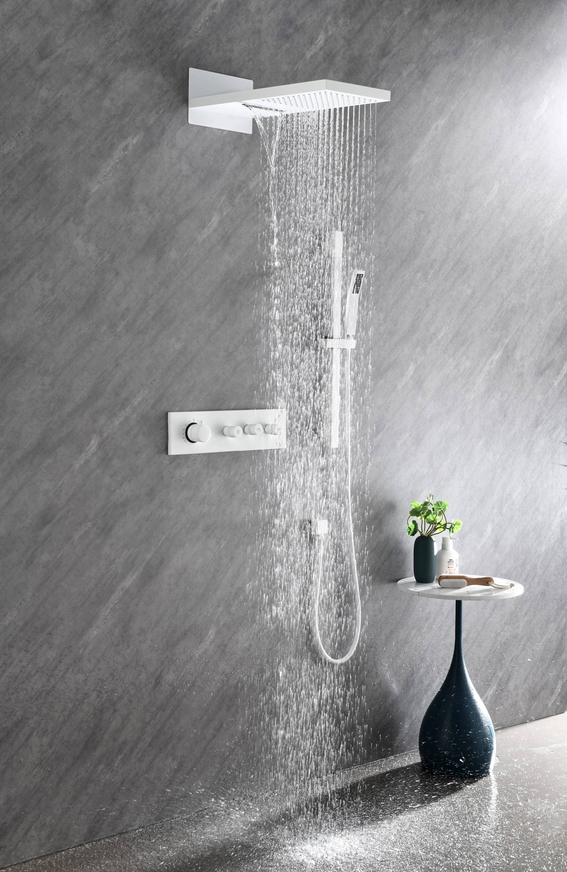Wall mounted waterfall shower system with hand shower, sliding bar