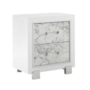 Contemporary Skye White Nightstand with Marble Style Drawer Fronts and Rubberwood Frame