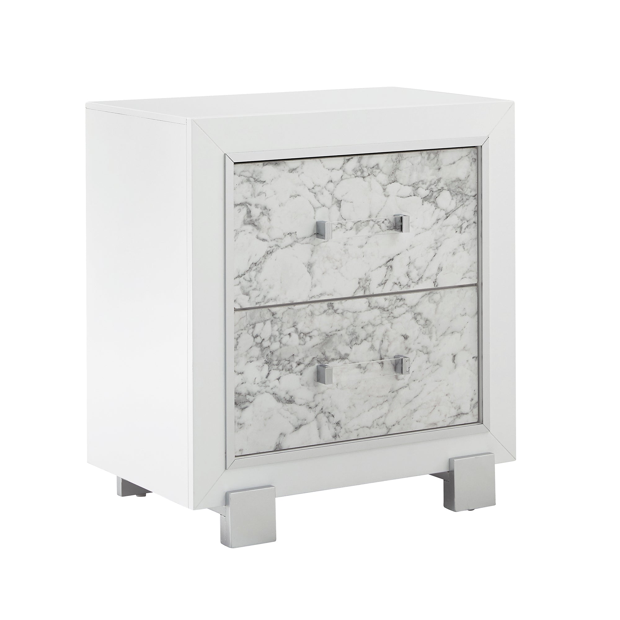 Contemporary Skye White Nightstand with Marble Style Drawer Fronts and Rubberwood Frame