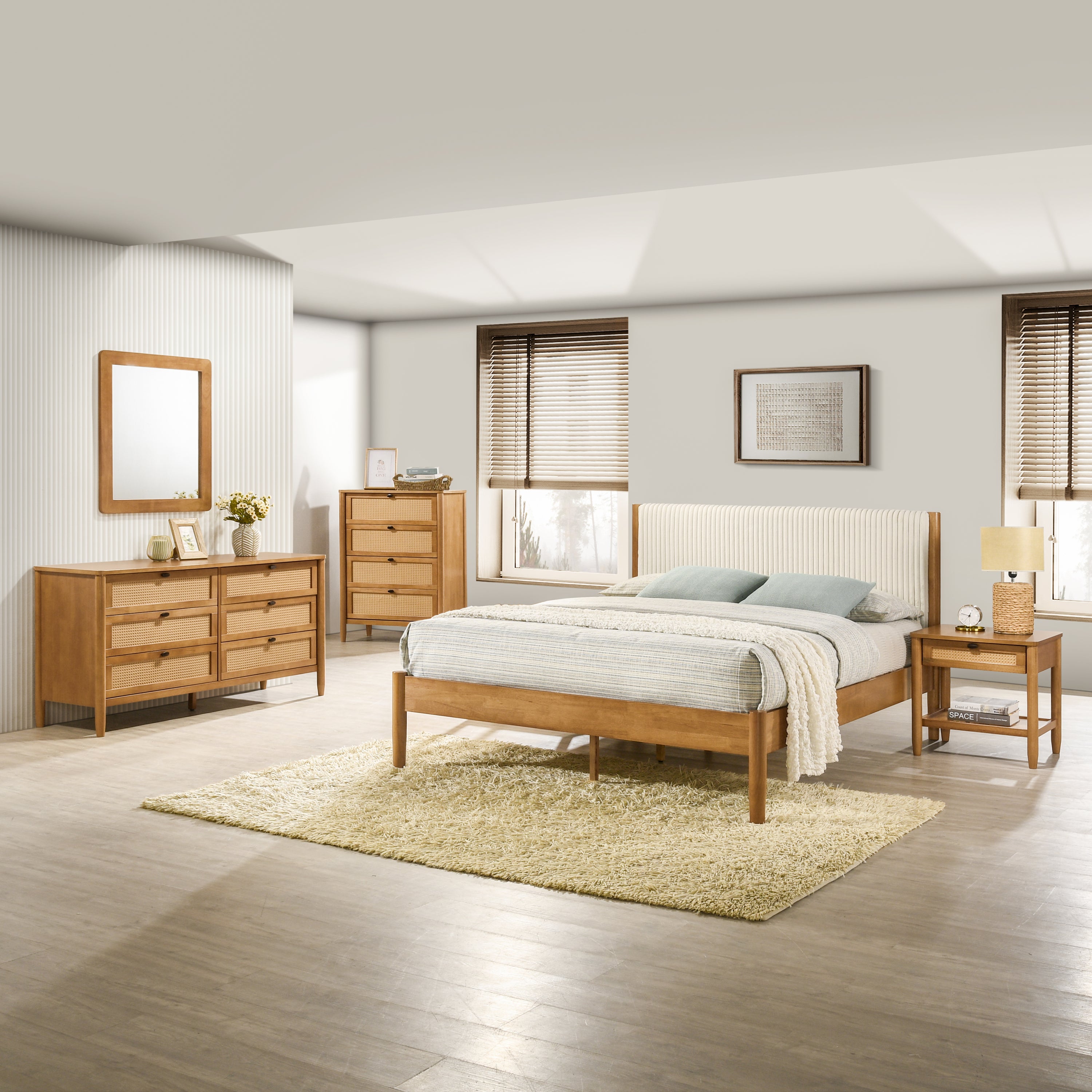 Vichy 5-Piece Rubberwood Bedroom Set with Corduroy Upholstered Queen Bed, Dresser, Mirror, Nightstand, and Chest