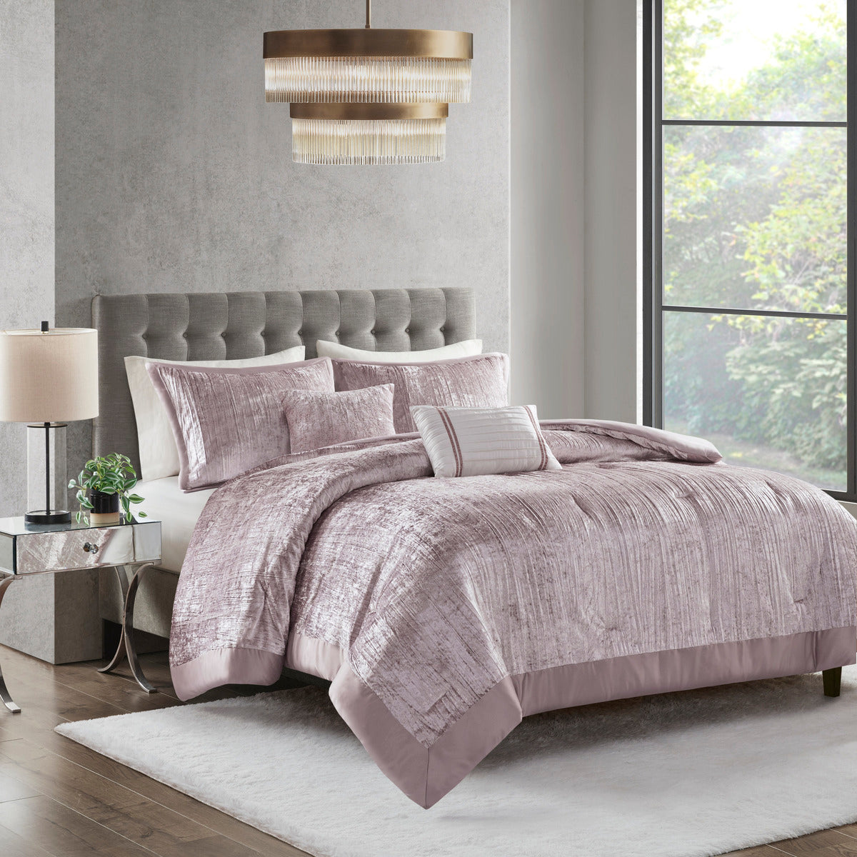 5 Piece Crinkle Velvet Comforter Set Blush Full/Queen