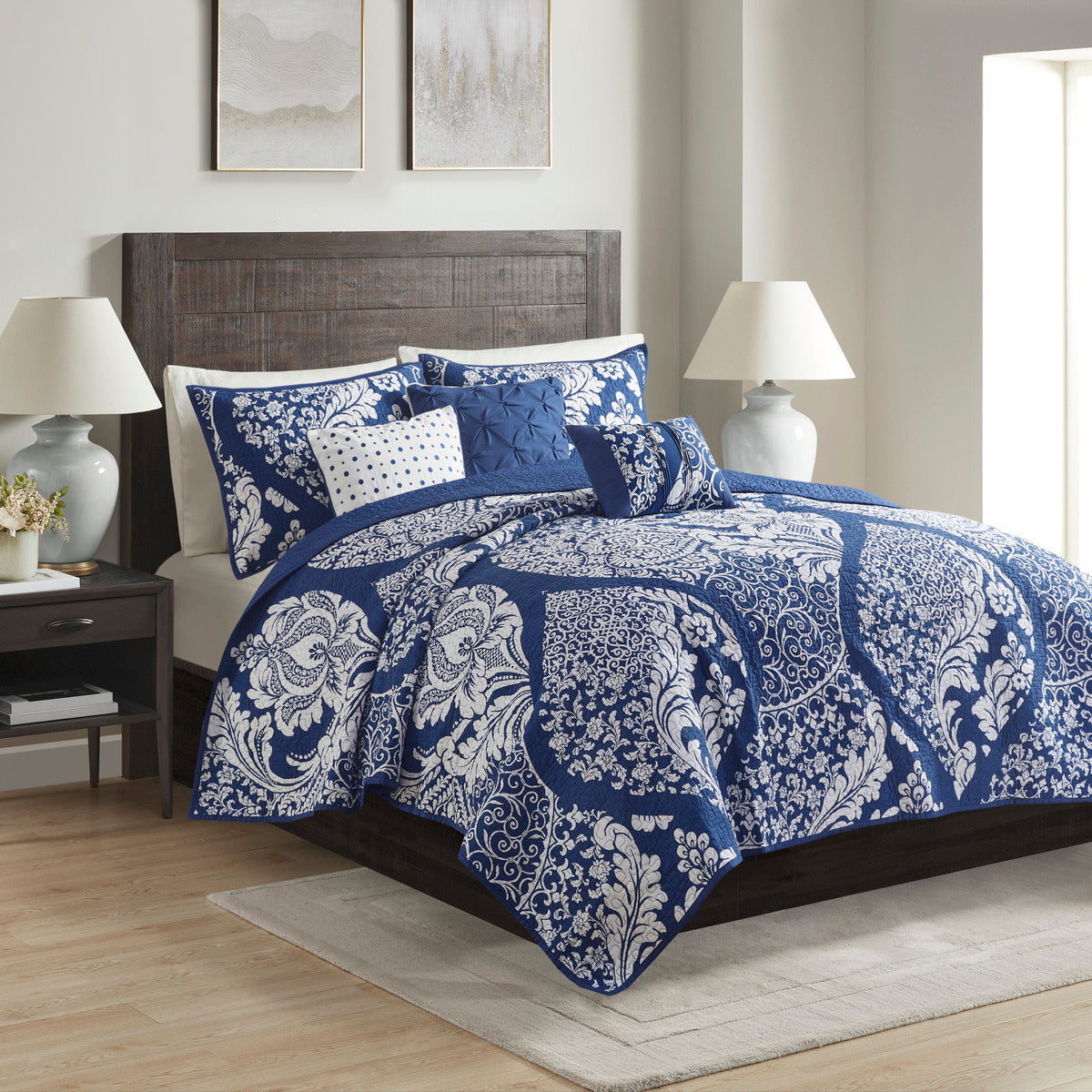 6 Piece Printed Cotton Quilt Set with Throw Pillows Indigo King/Cal King