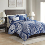 6 Piece Printed Cotton Quilt Set with Throw Pillows Indigo King/Cal King