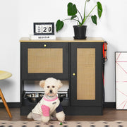 Feeding station with 2 lockers, pet feeding station with 2 elevated dog bowls, side hooks, anti-tipping kit, hidden pet feeding station for feeding and watering, rattan door, black