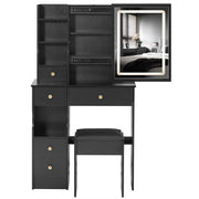 29.2' Small Size Left Drawer Desktop Vanity Table + Cushioned Stool, Large Sliding, Touch Control, Tri-color Switching, Brightness Adjust LED Mirror, High Capacity Storage, Suitable for Small Space