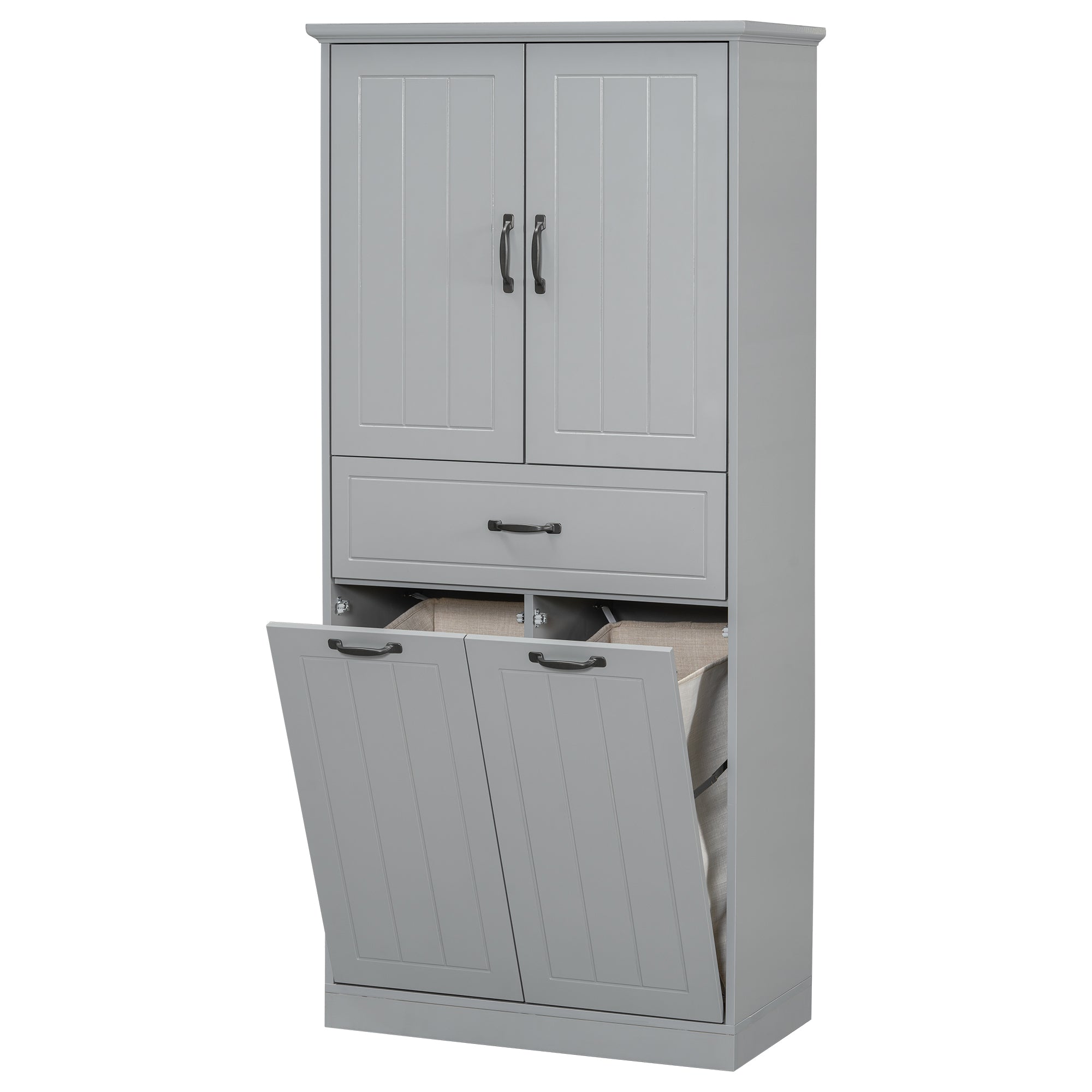 Stylish Grey Bathroom Storage Cabinet with Two Laundry Baskets, MDF Construction, 29.90 x 15.70 x 65.80 inches